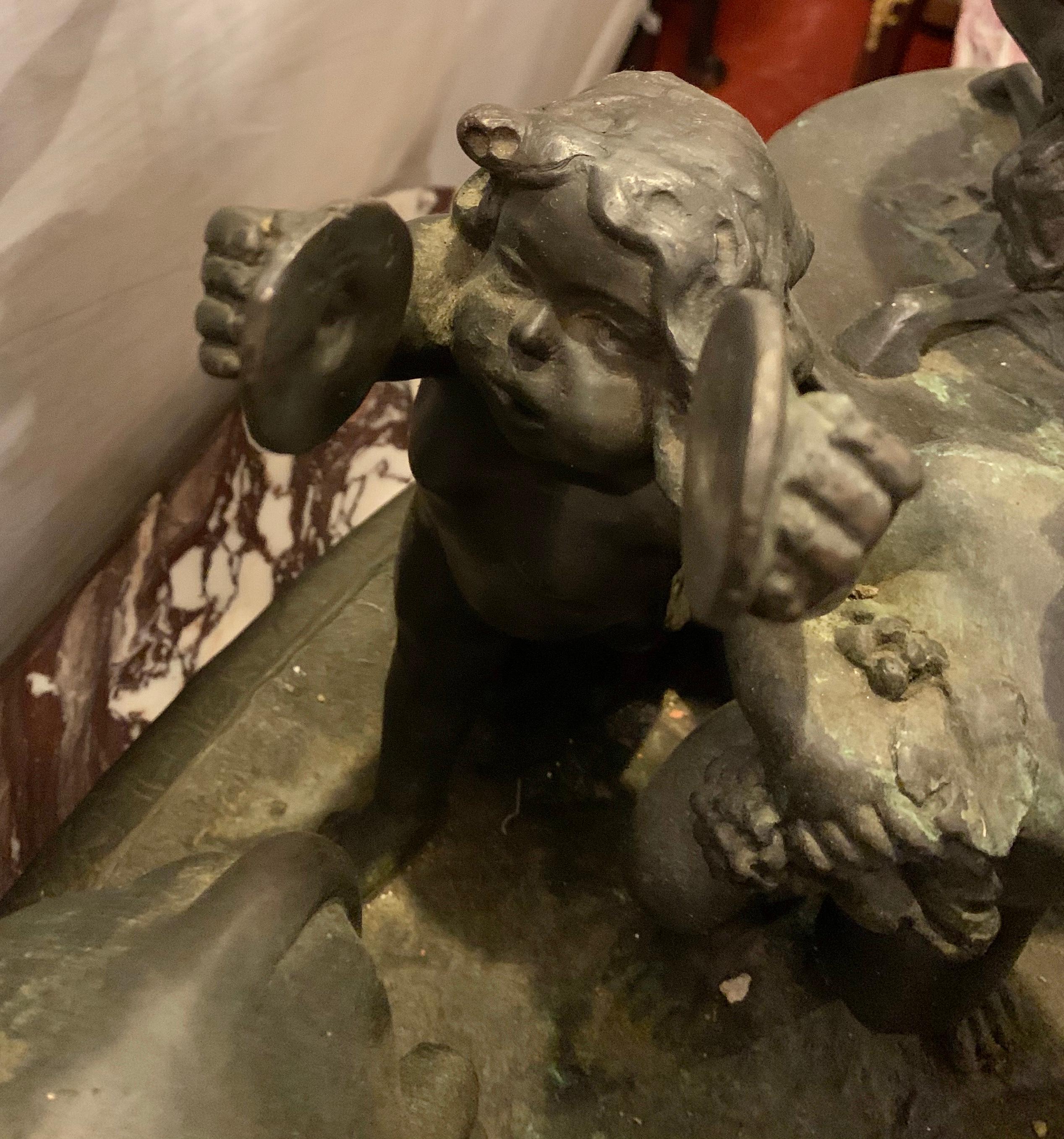 Antique Bronze Cherub Group Sculpture or Centerpiece of Drunken Playing Cherubs 4