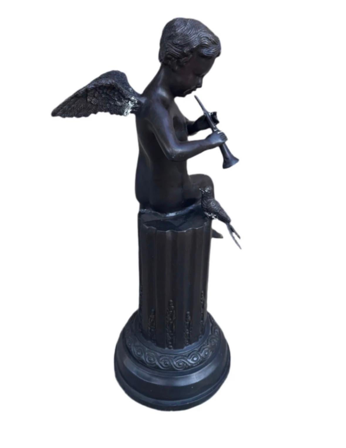 French Antique Bronze Cherub on Pedestal Playing The Flute Sculpture Attributed to Fren For Sale
