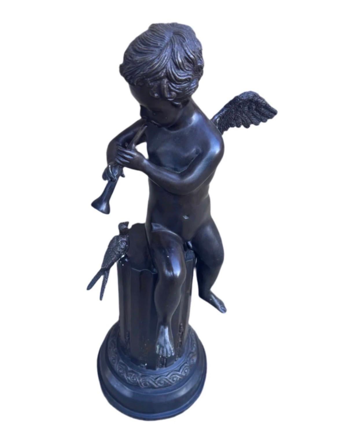 Antique Bronze Cherub on Pedestal Playing The Flute Sculpture Attributed to Fren In Good Condition For Sale In Chicago, IL