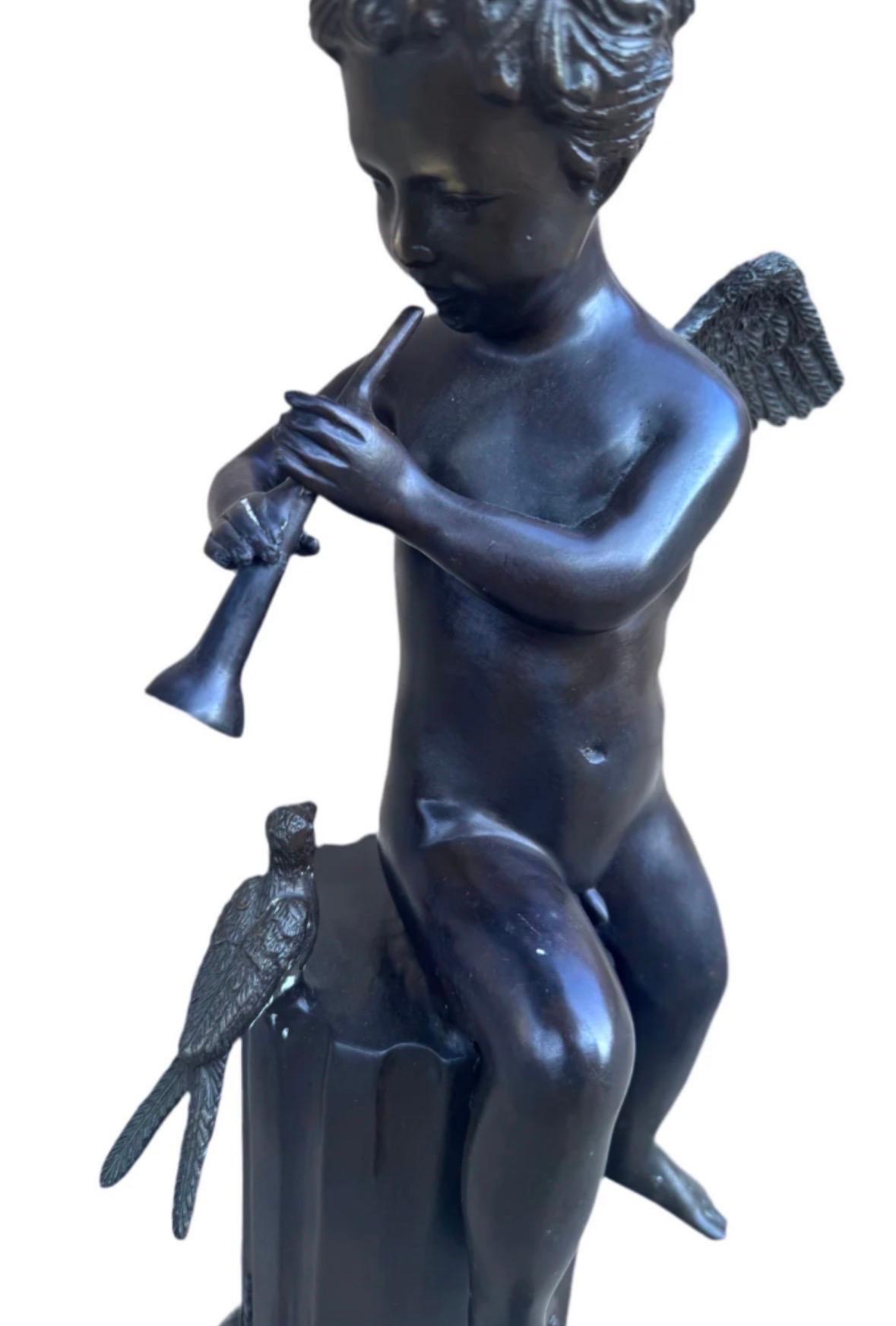 Antique Bronze Cherub on Pedestal Playing The Flute Sculpture Attributed to Fren For Sale 1