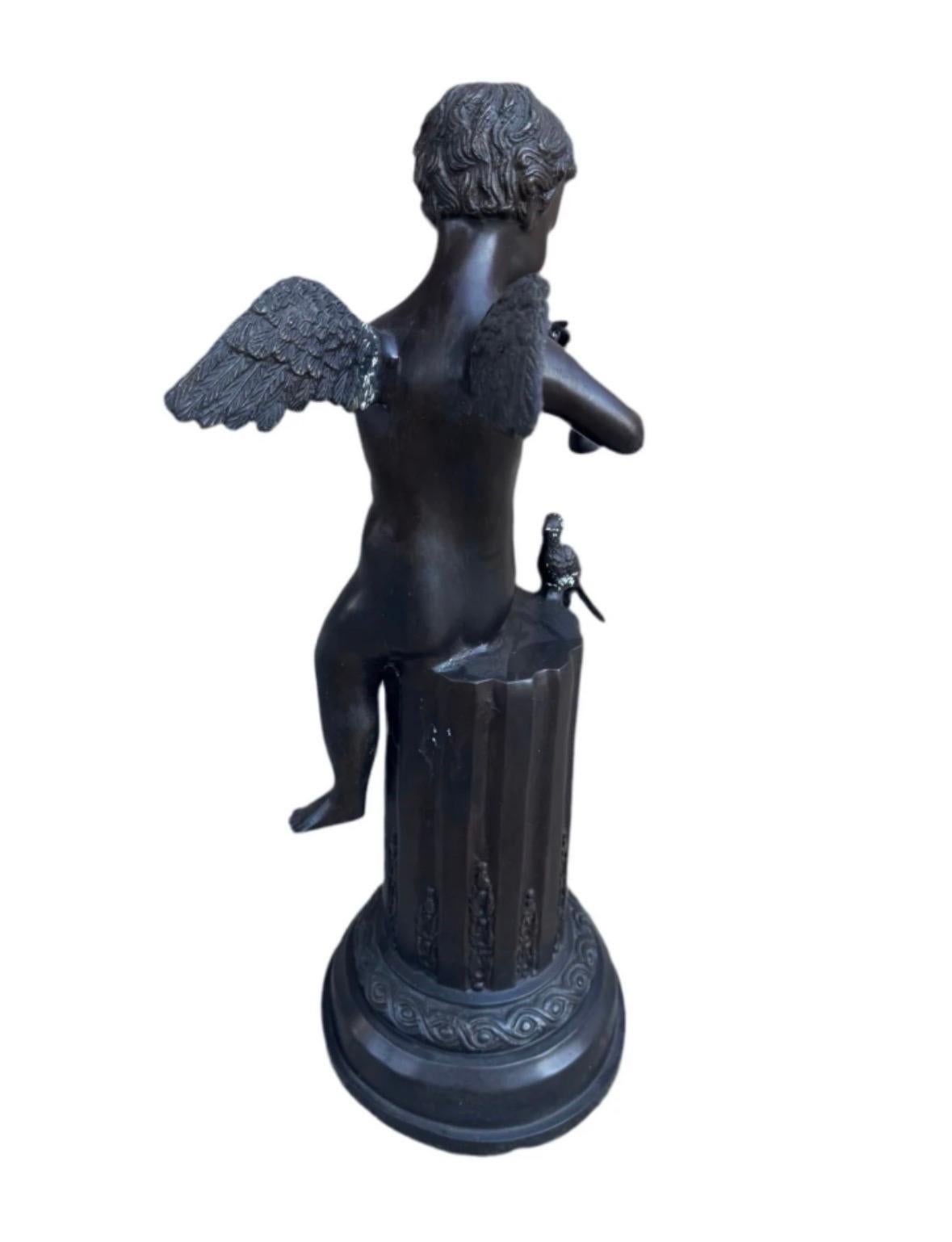 Antique Bronze Cherub on Pedestal Playing The Flute Sculpture Attributed to Fren For Sale 2