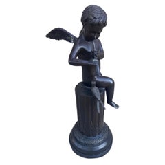 Antique Bronze Cherub on Pedestal Playing The Flute Sculpture Attributed to Fren