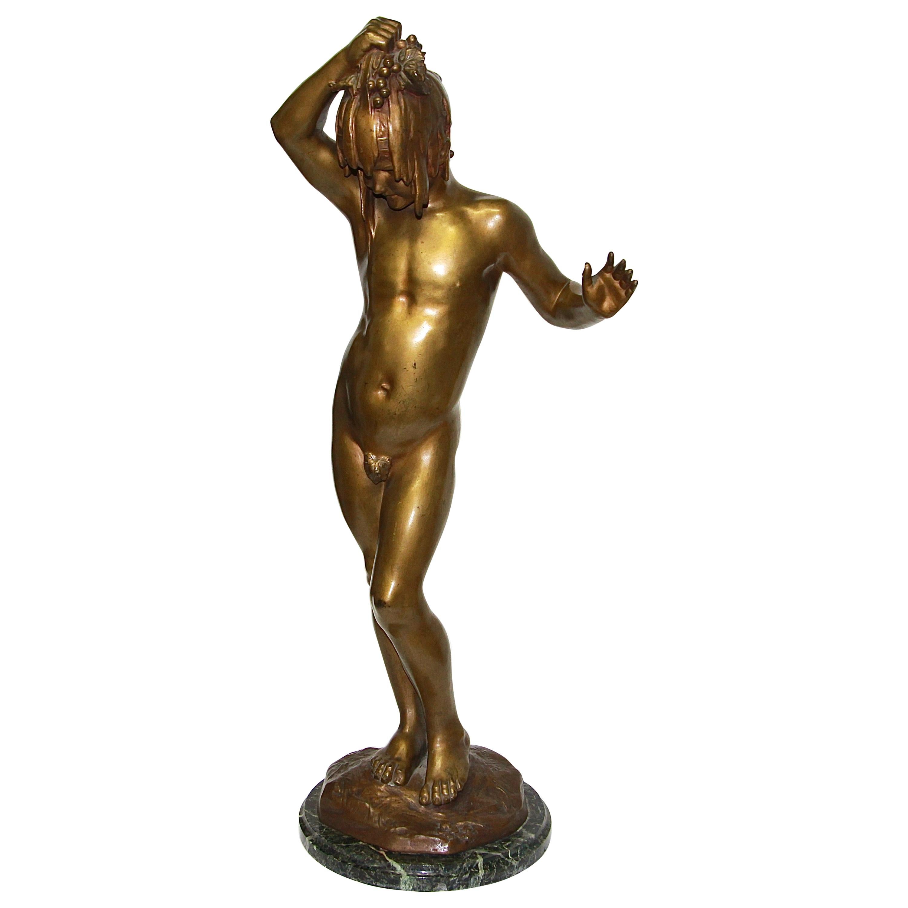 Antique Bronze Children Nude Sculpture with Grapes, after Paul Ponsard For Sale