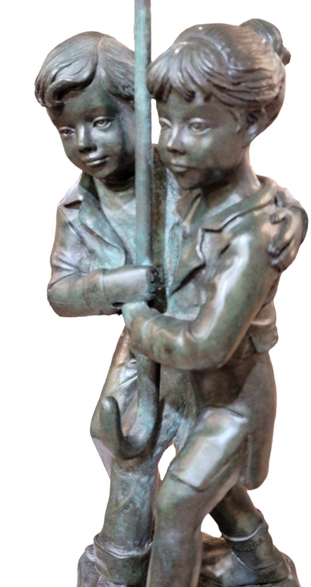Antique Bronze Children W/ Unmbrella Garden Fountain Signed For Sale 1