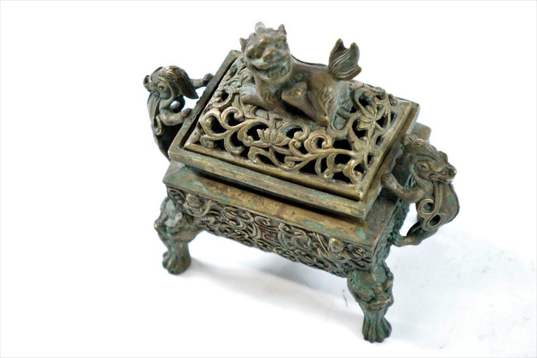 Antique Bronze Chinese Foo Lion Incense Burner - Marked Ming Dynasty - H 6