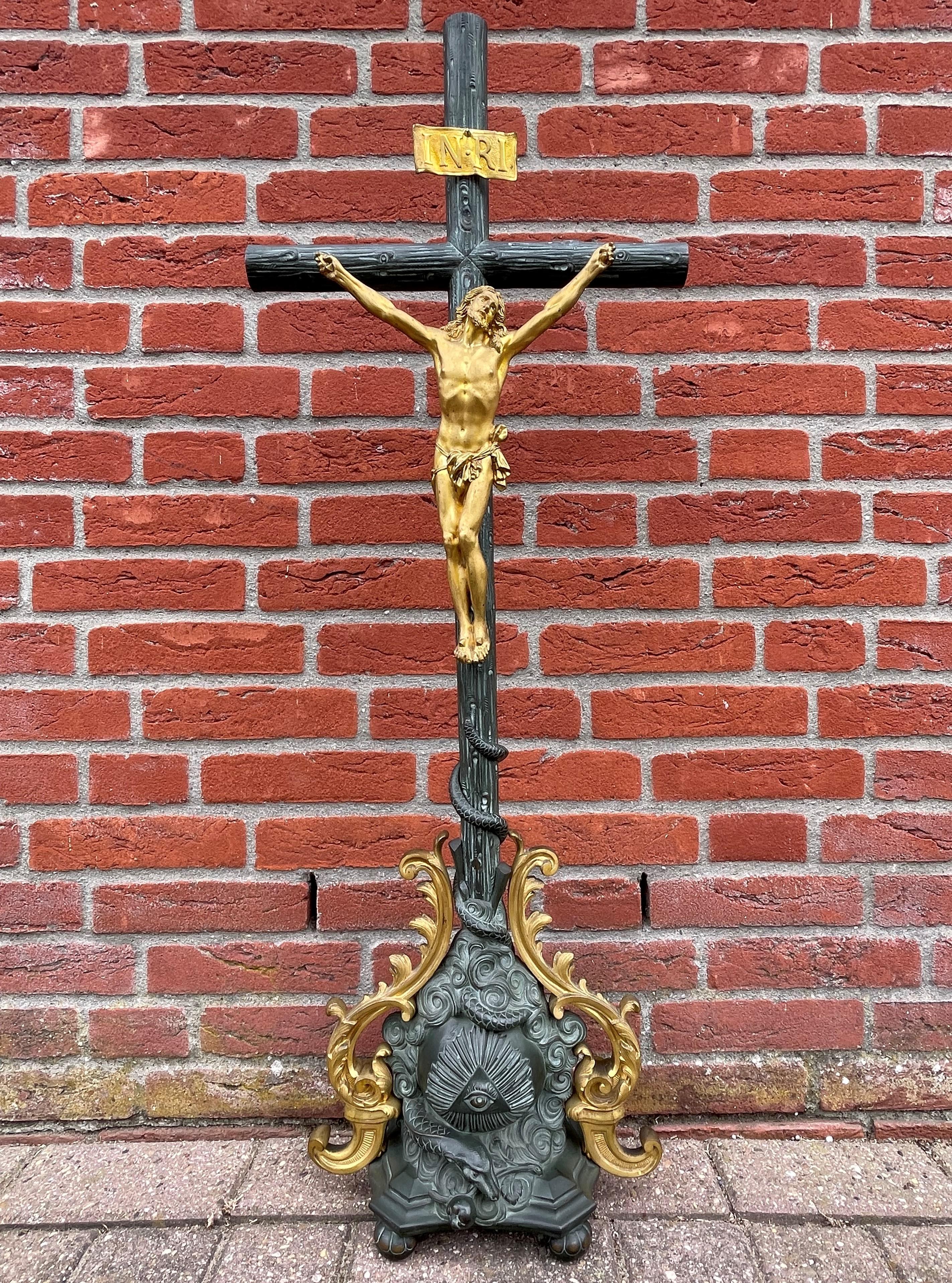 Antique Bronze Church Altar Crucifix w. Gilt Corpus of Christ & Sculptured Cross 6