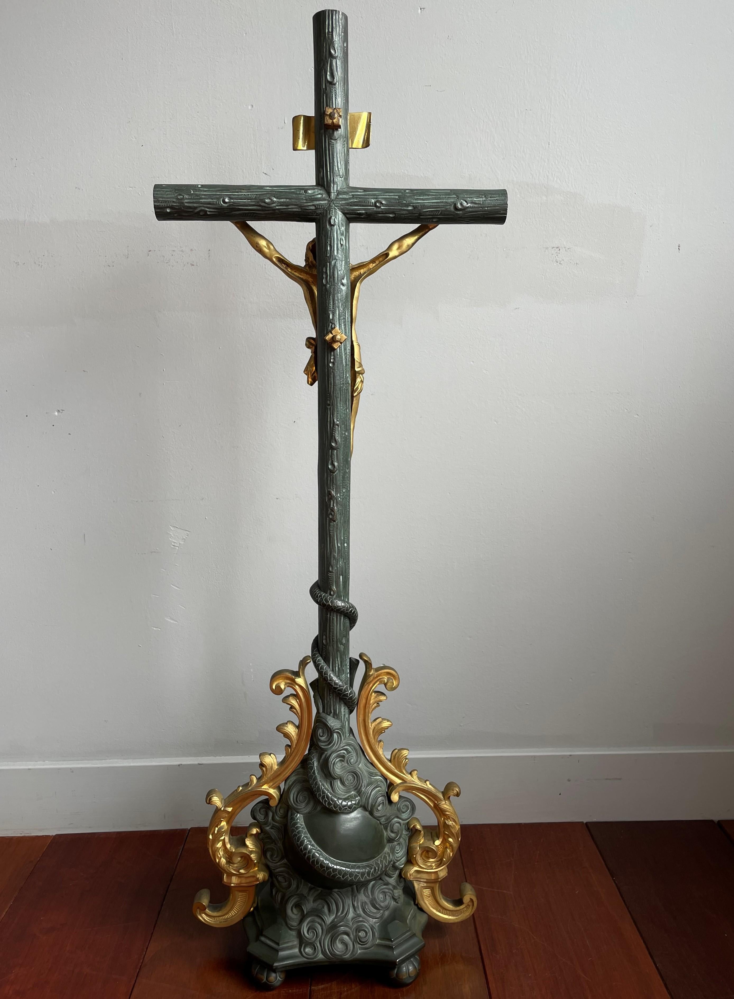 Antique Bronze Church Altar Crucifix w. Gilt Corpus of Christ & Sculptured Cross 7