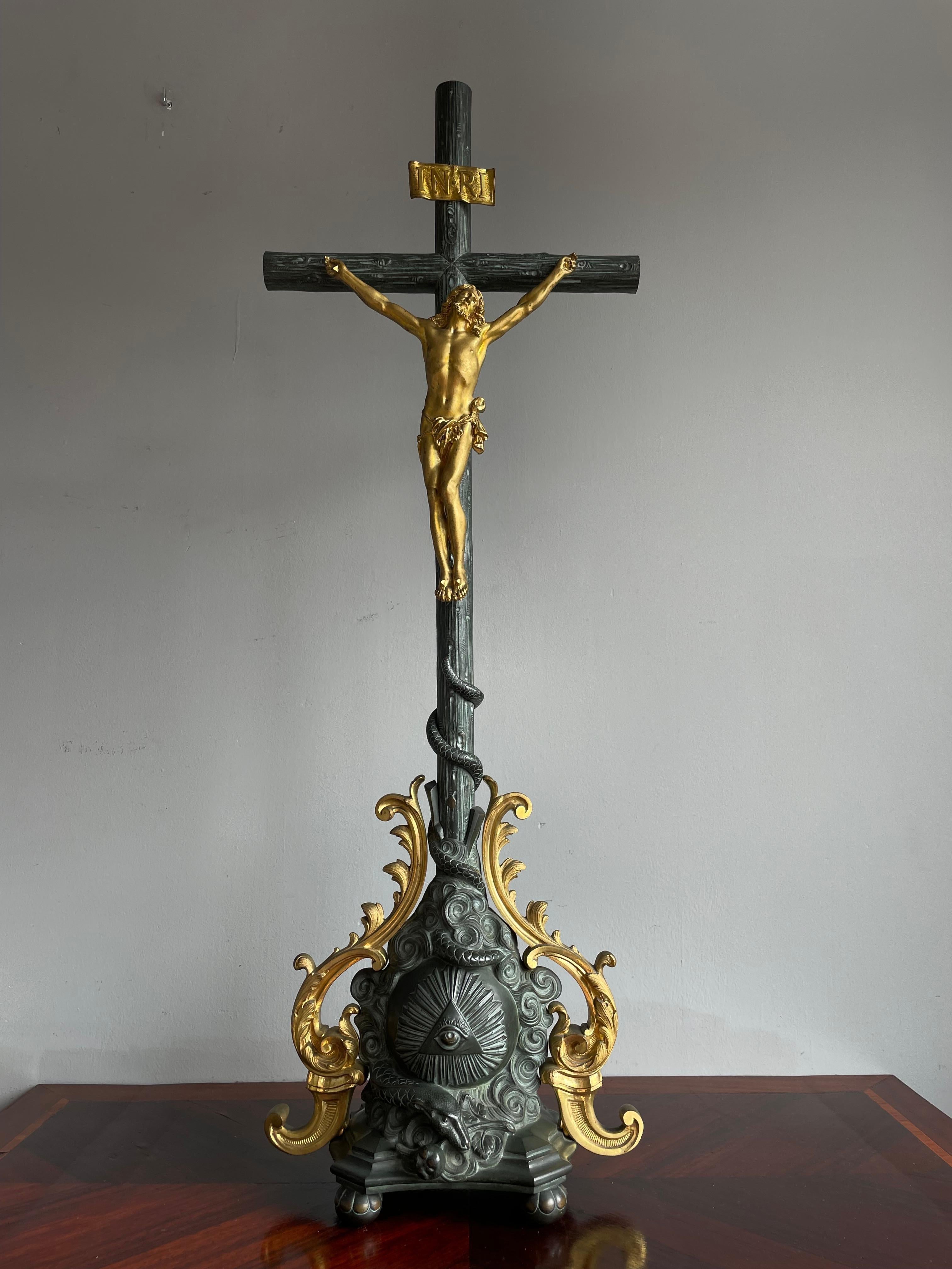 Antique Bronze Church Altar Crucifix w. Gilt Corpus of Christ & Sculptured Cross 13