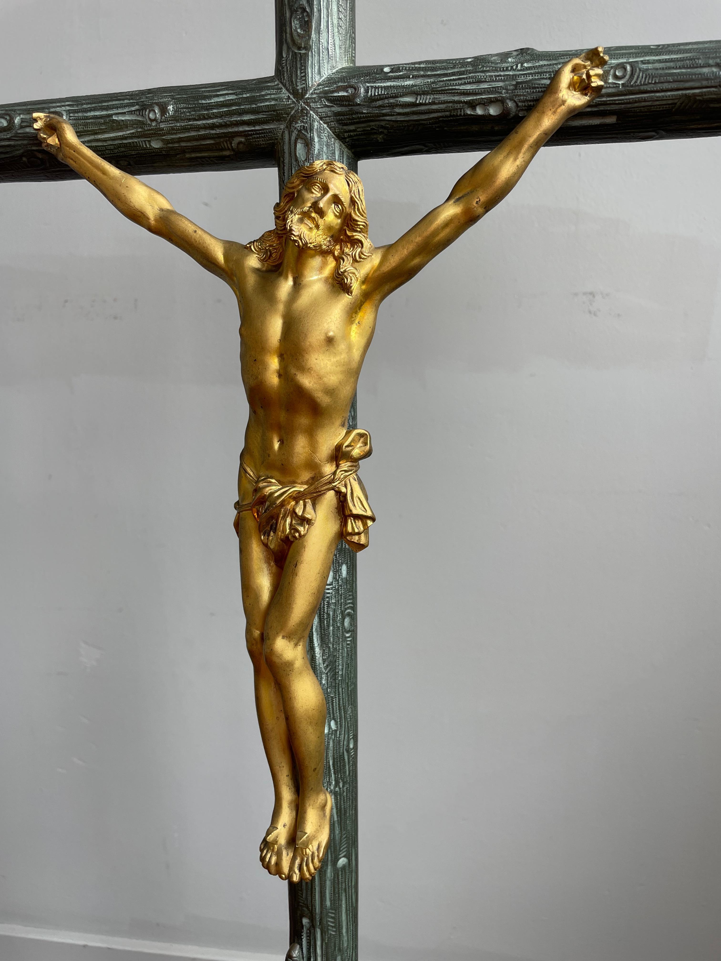 Antique Bronze Church Altar Crucifix w. Gilt Corpus of Christ & Sculptured Cross 14