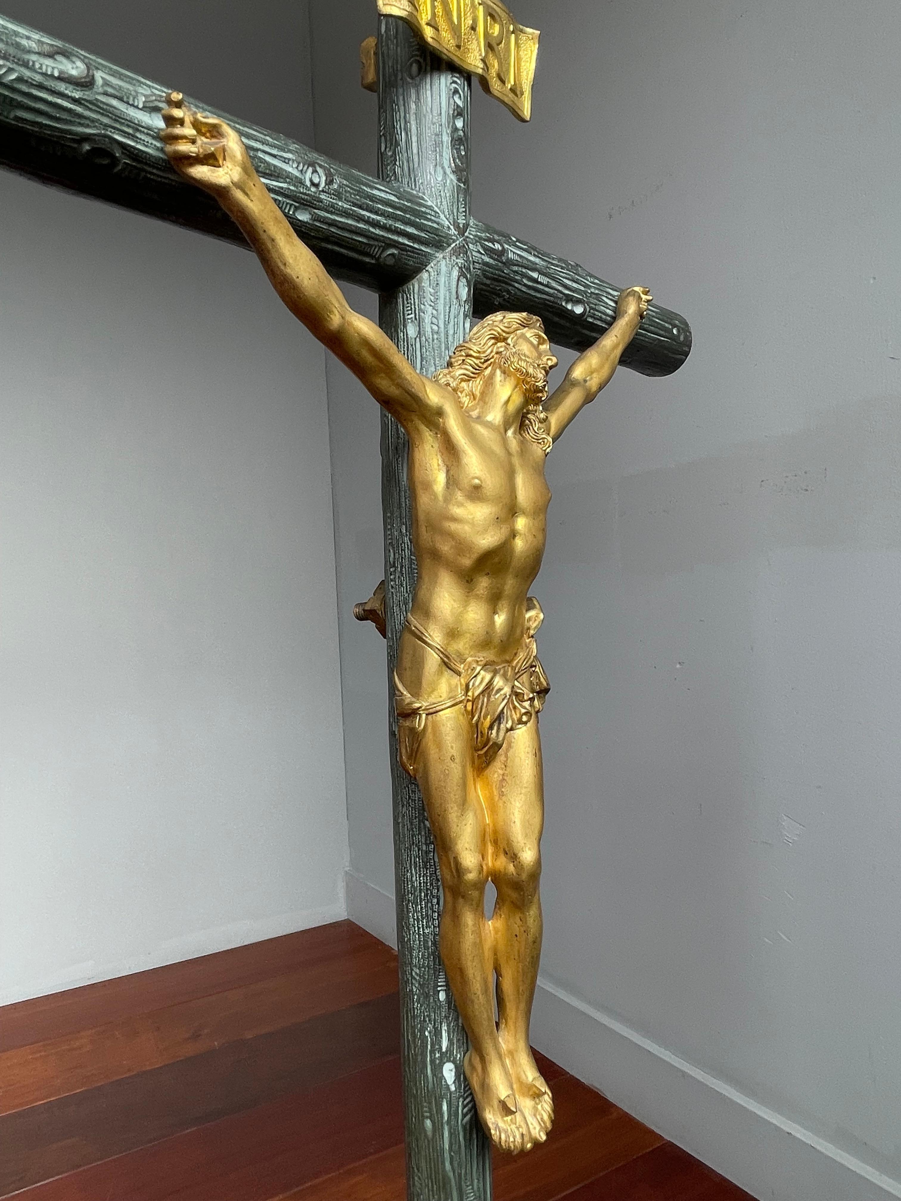19th Century Antique Bronze Church Altar Crucifix w. Gilt Corpus of Christ & Sculptured Cross
