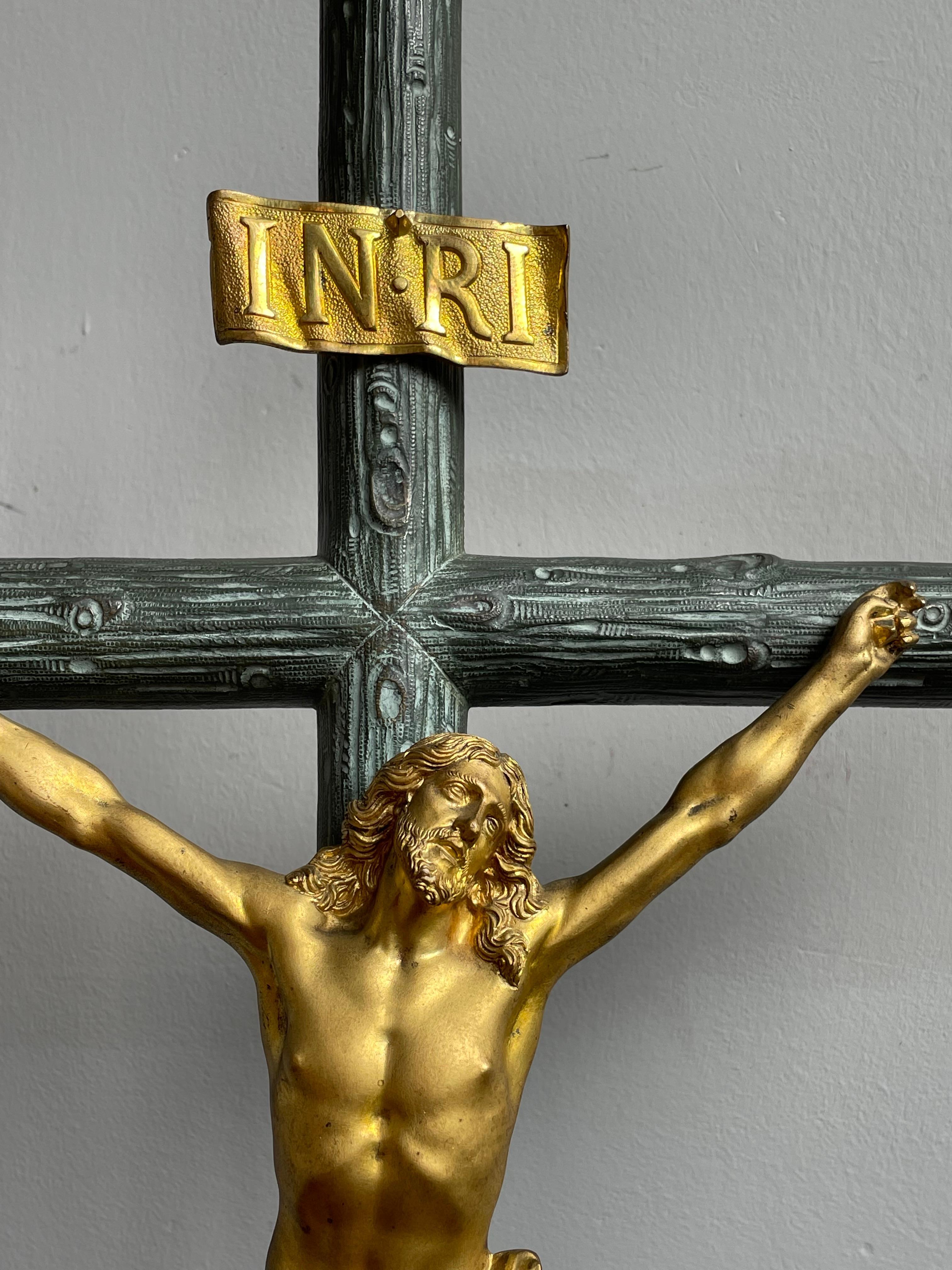 Antique Bronze Church Altar Crucifix w. Gilt Corpus of Christ & Sculptured Cross 3