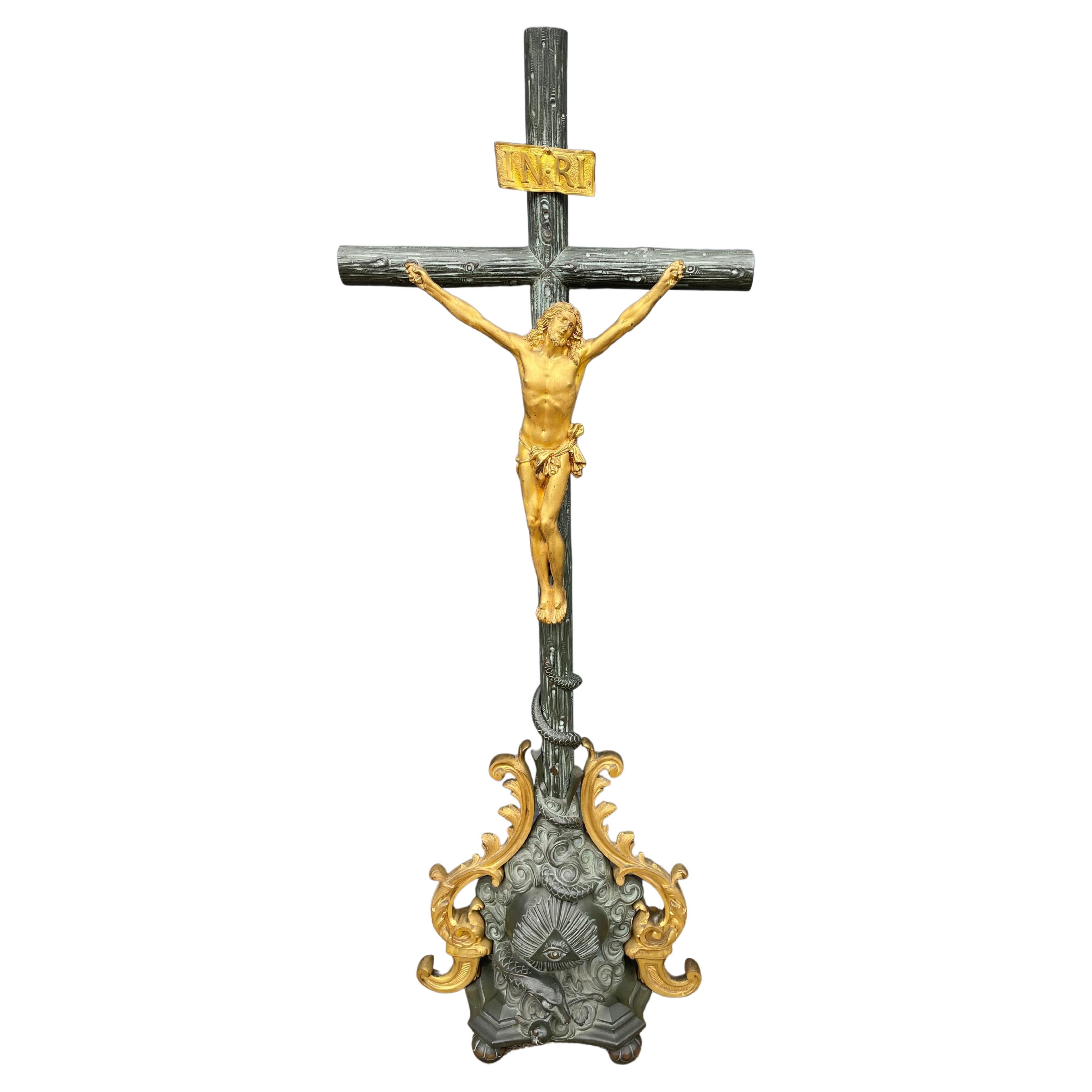 Antique Bronze Church Altar Crucifix w. Gilt Corpus of Christ & Sculptured Cross