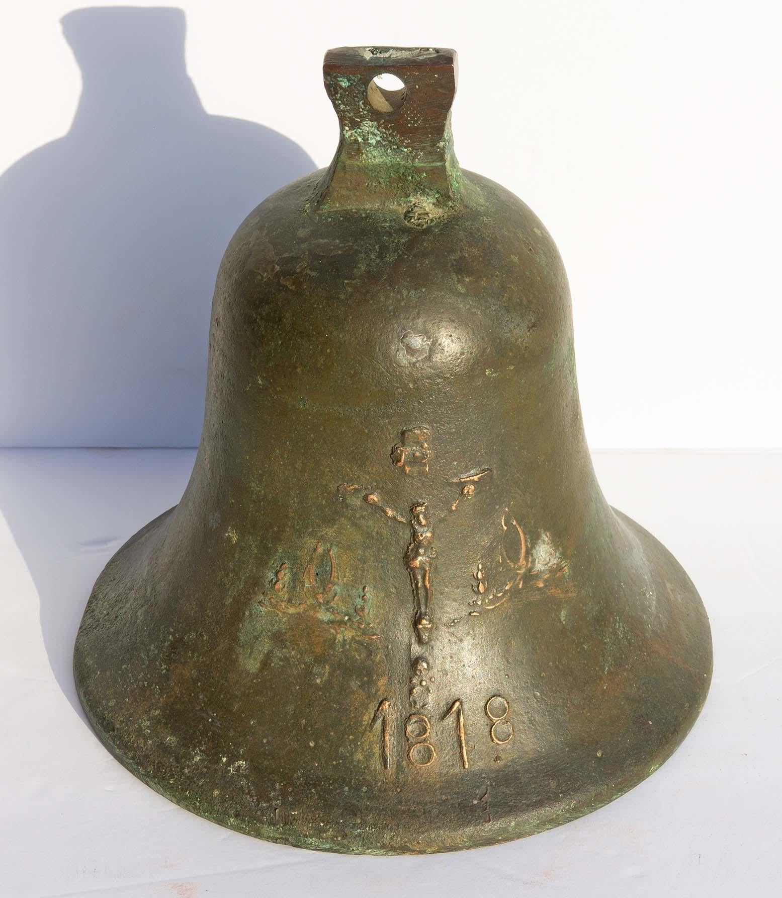Antique bronze church bell. Dated 1818. Continental. With original hanging support. Has great sound. Measures: 9 3/4