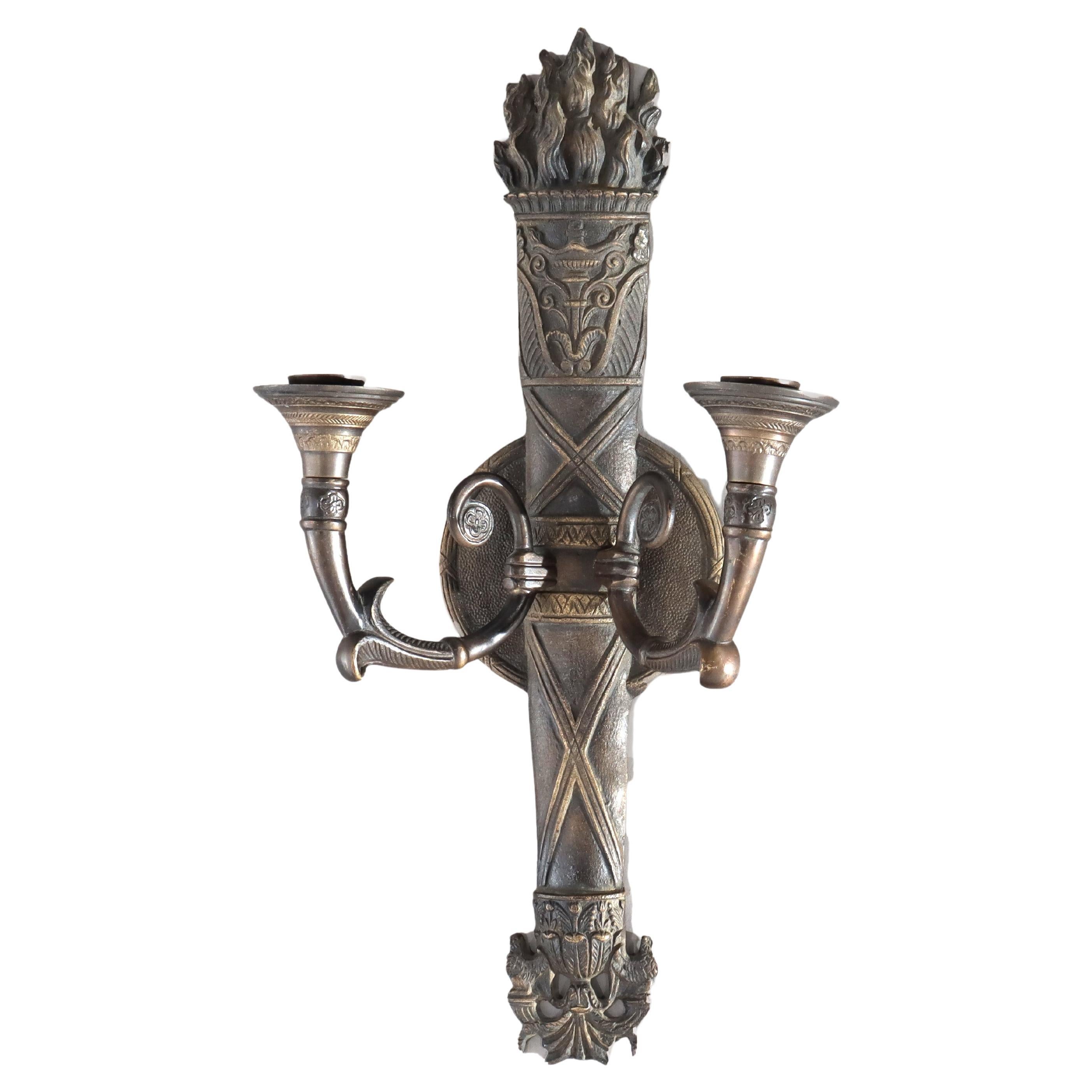 Antique Bronze Classical Torch Form Two-Light Wall Sconce C1920