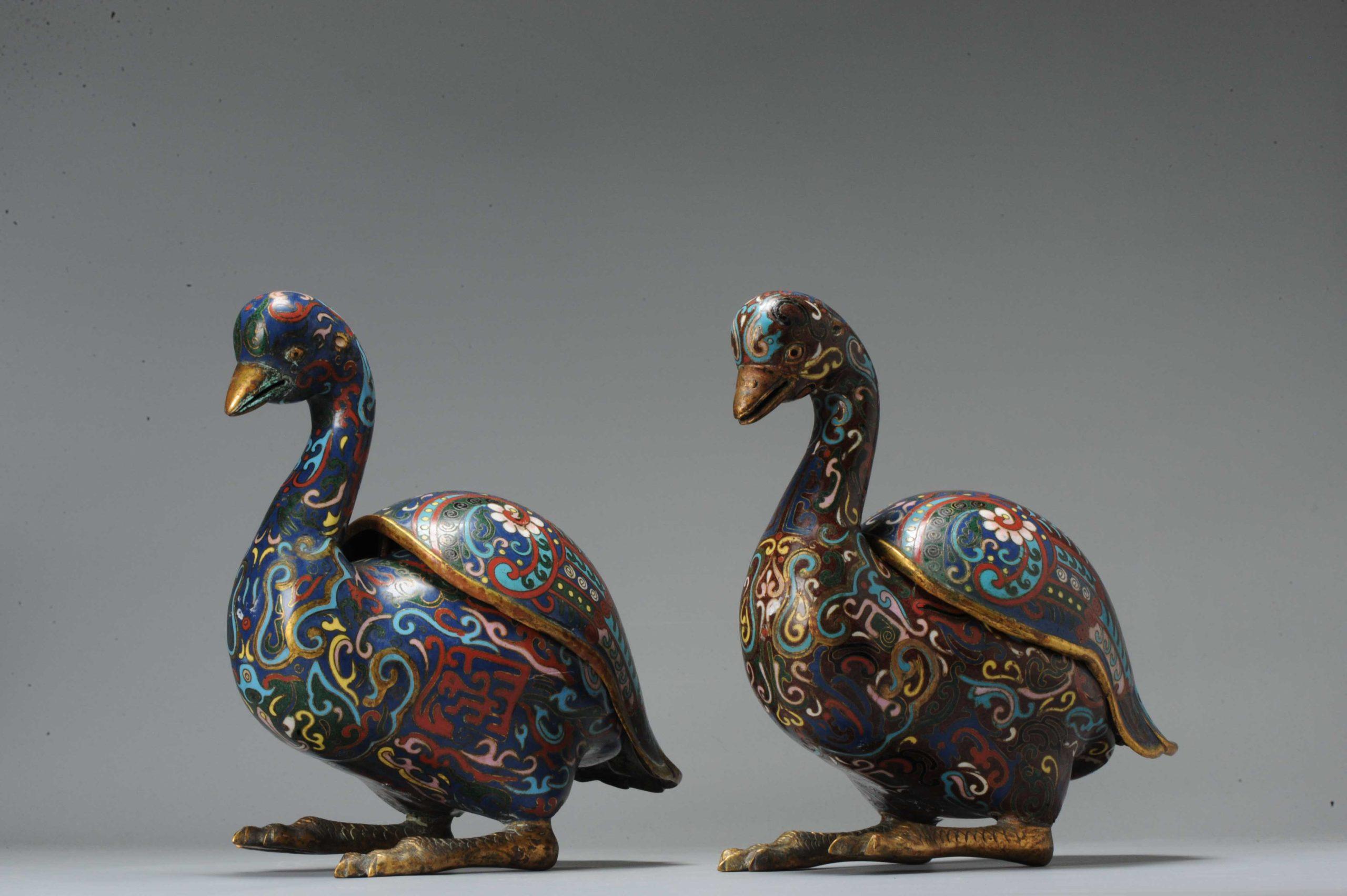Antique Bronze / Copper Cloisonné Burner Inscense Koro Geese or Swan For Sale 2