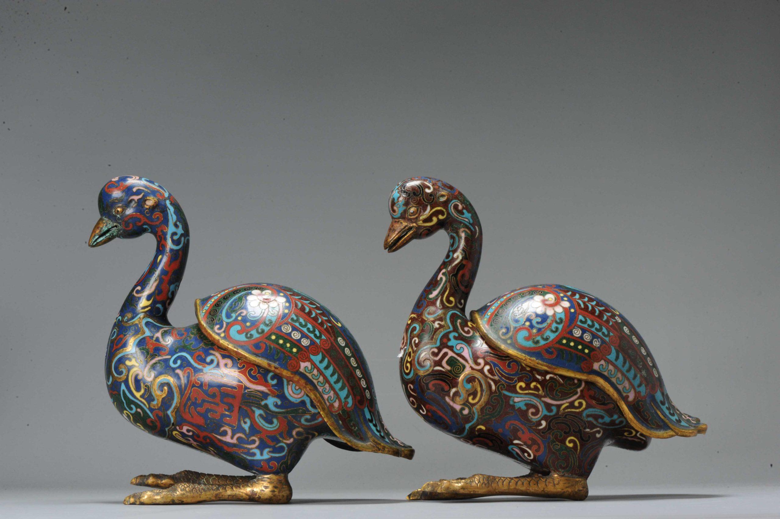 Antique Bronze / Copper Cloisonné Burner Inscense Koro Geese or Swan For Sale 3