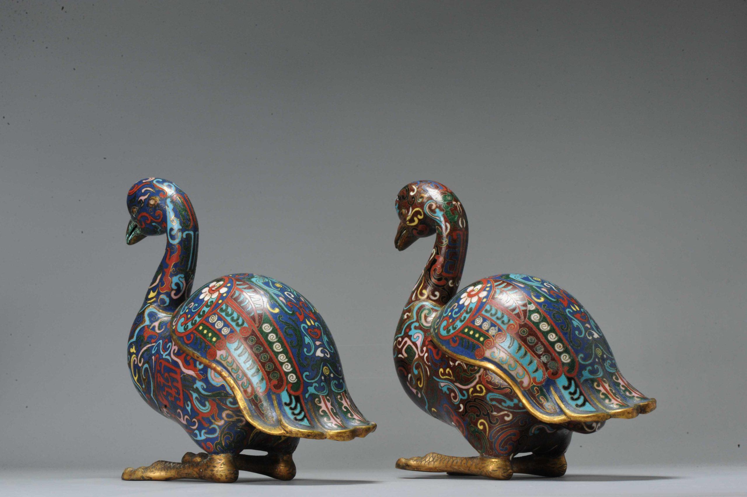 Antique Bronze / Copper Cloisonné Burner Inscense Koro Geese or Swan For Sale 4