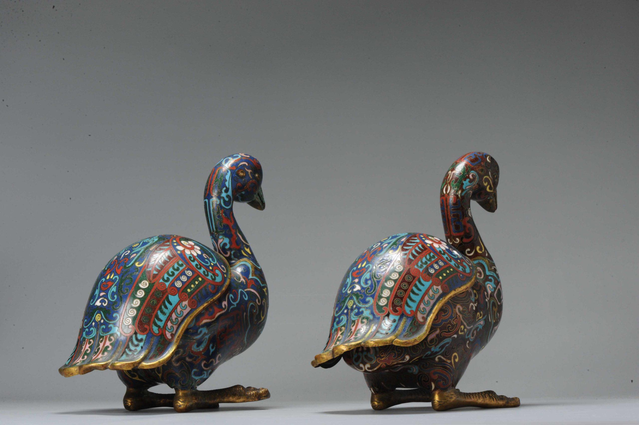 Antique Bronze / Copper Cloisonné Burner Inscense Koro Geese or Swan For Sale 7
