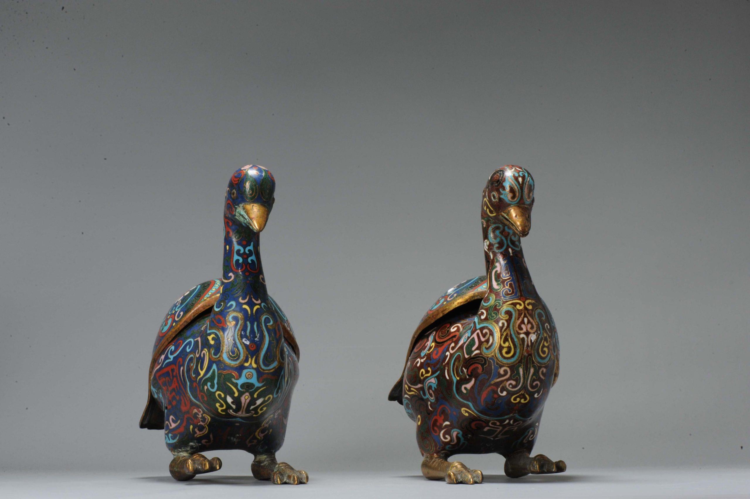 Antique Bronze / Copper Cloisonné Burner Inscense Koro Geese or Swan For Sale 8