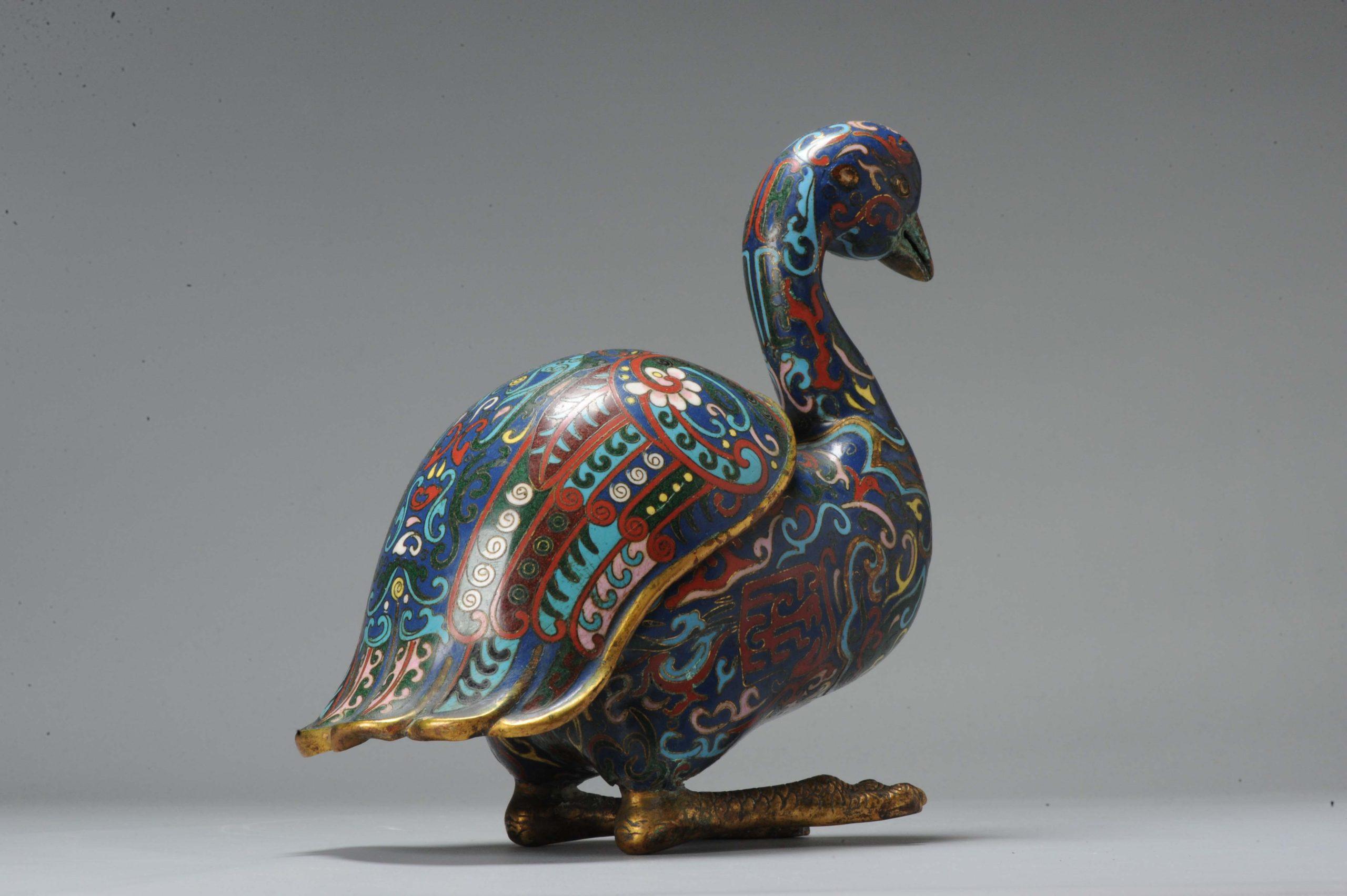 Antique Bronze / Copper Cloisonné Burner Inscense Koro Geese or Swan In Good Condition For Sale In Amsterdam, Noord Holland