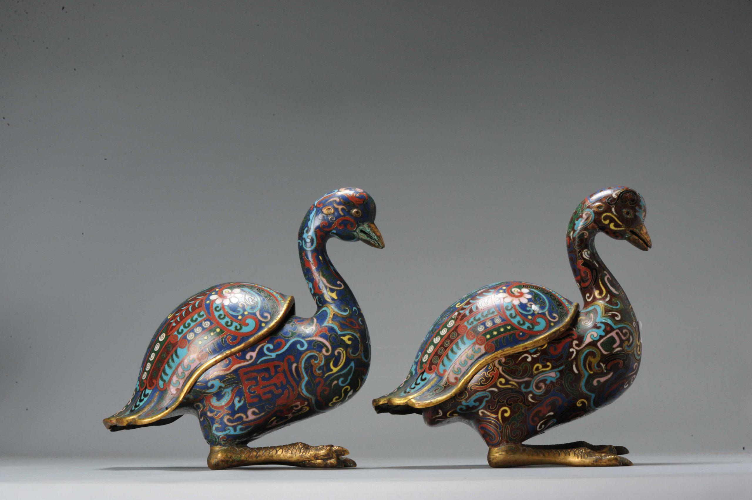 18th Century and Earlier Antique Bronze / Copper Cloisonné Burner Inscense Koro Geese or Swan For Sale