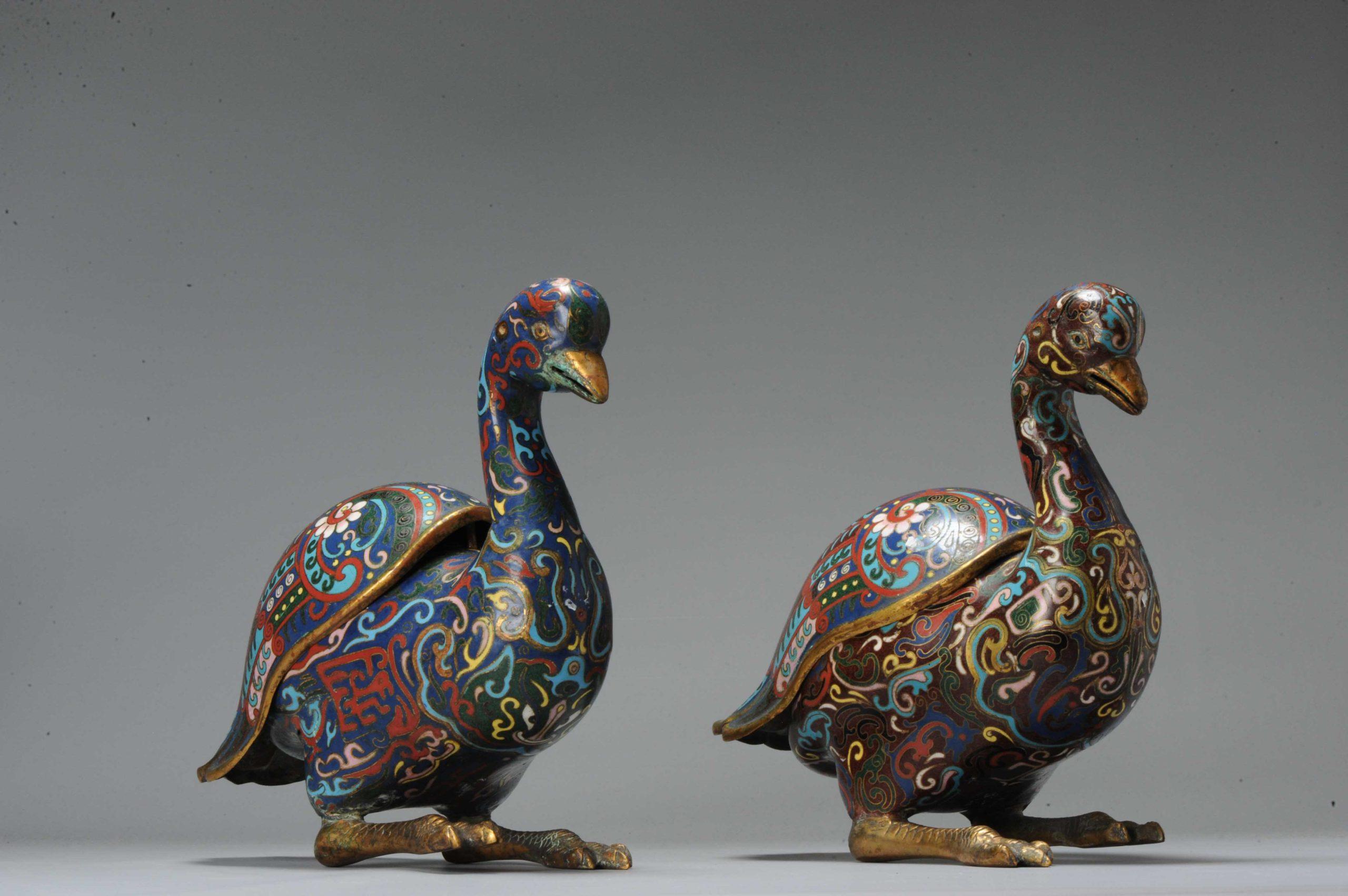Porcelain Antique Bronze / Copper Cloisonné Burner Inscense Koro Geese or Swan For Sale