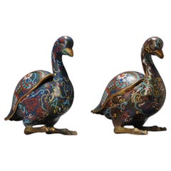 Antique Bronze / Copper Cloisonné Burner Inscense Koro Geese or Swan
