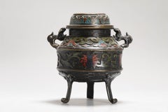 Antique Bronze/Copper Cloisonné Koro Incense Burner with Foo Lion Shape, 19th C.
