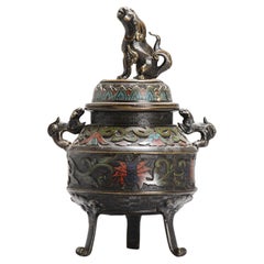 Antique Bronze/Copper Cloisonné Koro Incense Burner with Foo Lion Shape, 19th C.