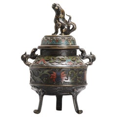 Antique Bronze / Copper Cloisonné Koro with Foo Lion shape Japan 19th C