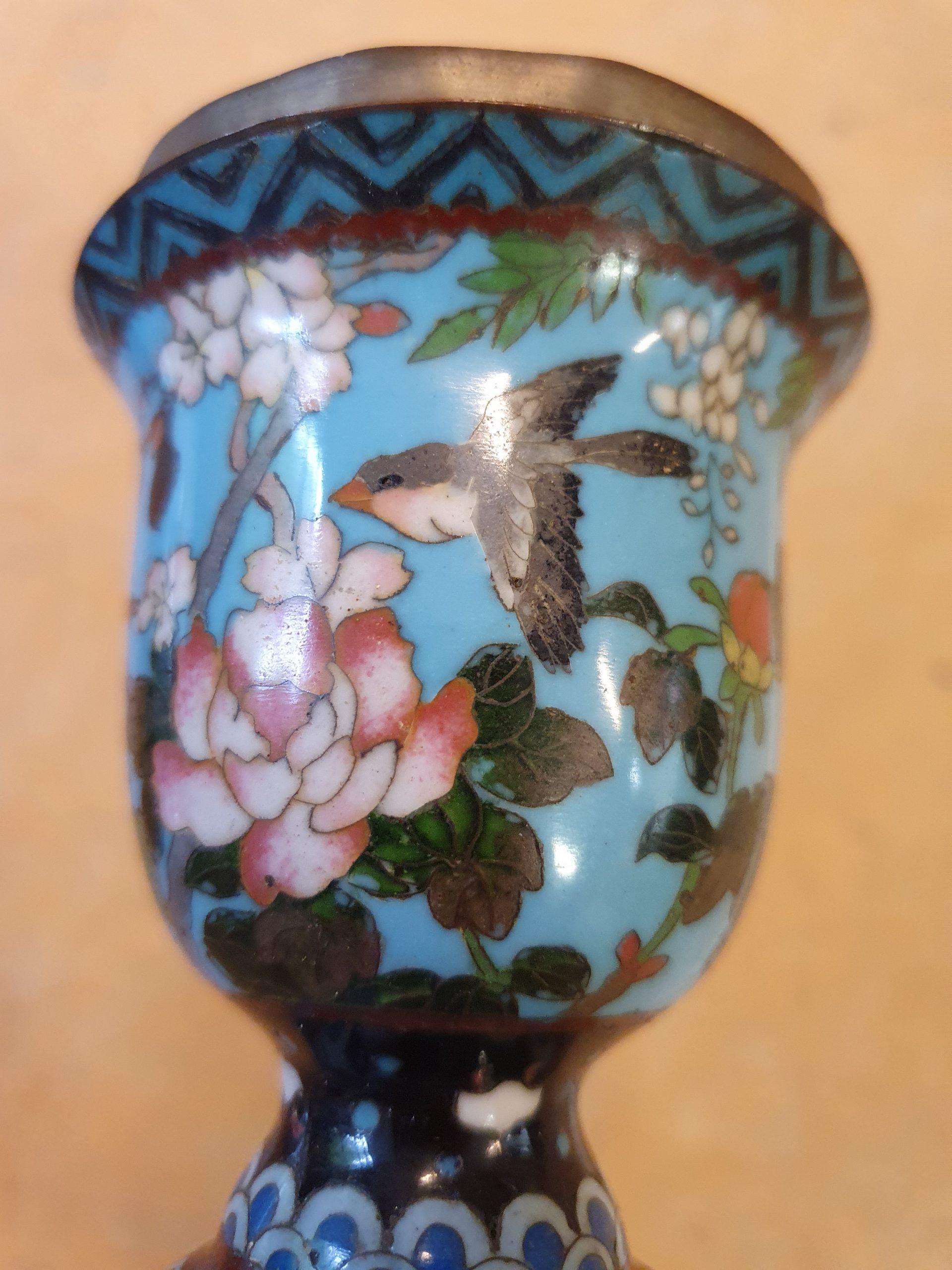 Antique Bronze / Copper Cloisonne Vase/Hookah Base Japan 19th Century Meiji Bird 11