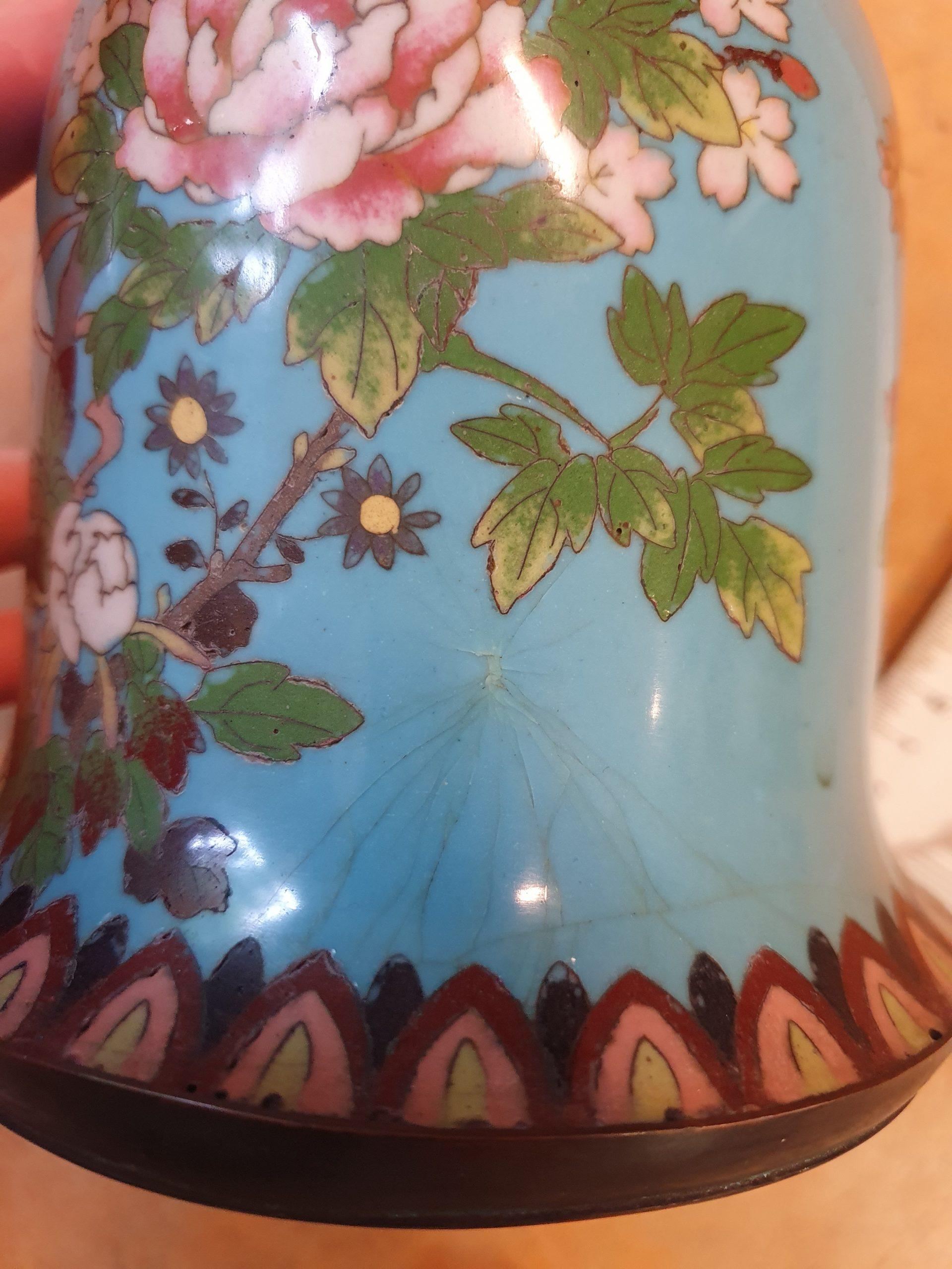 Antique Bronze / Copper Cloisonne Vase/Hookah Base Japan 19th Century Meiji Bird 4