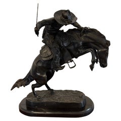 Antique Bronze Cowboy On Bucking Horse Sculpture After Remington Broncho Buster