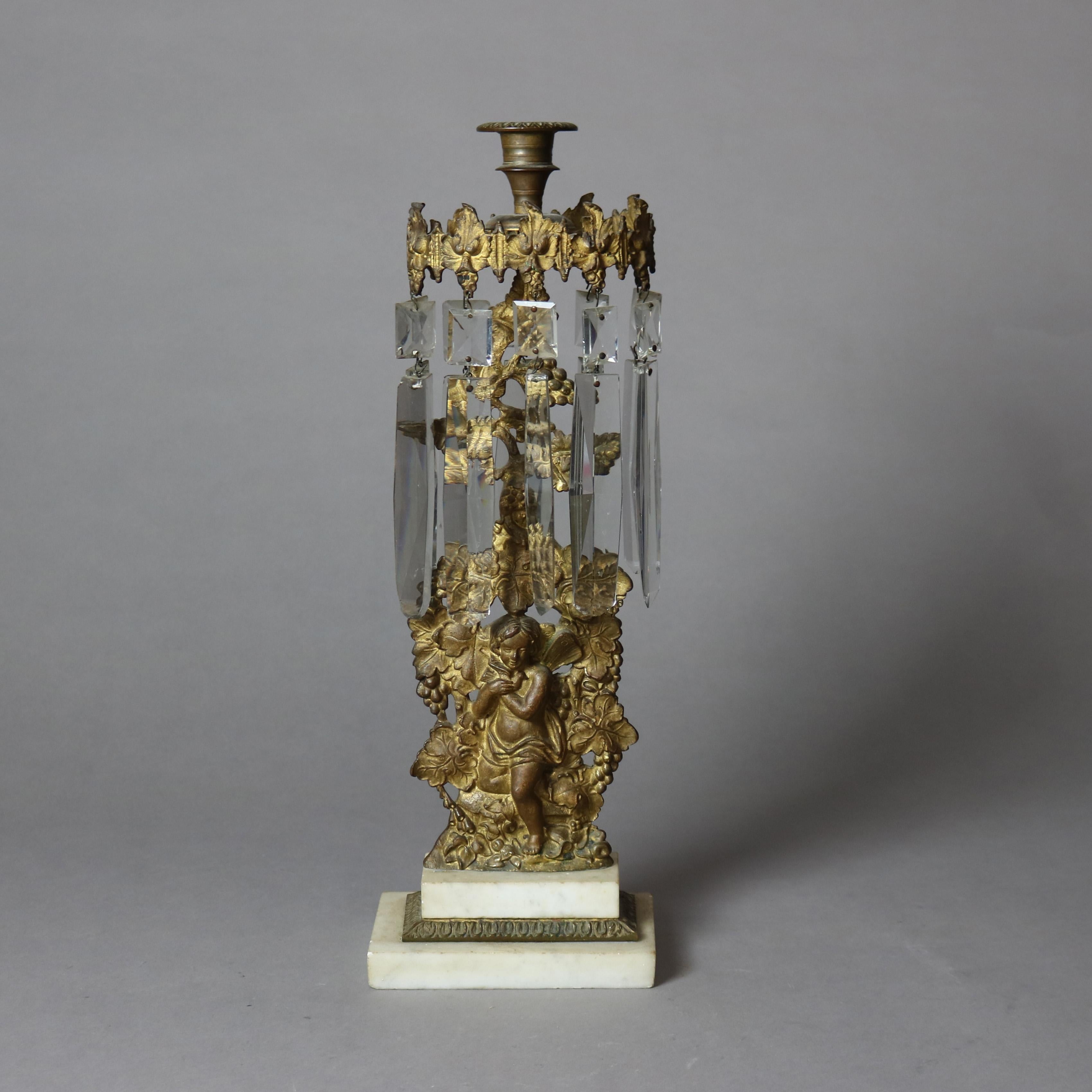 Antiguo Juego de Girándulas Figurales de Bronce, Cristal y Mármol con Querubines C1890 siglo XIX en venta
