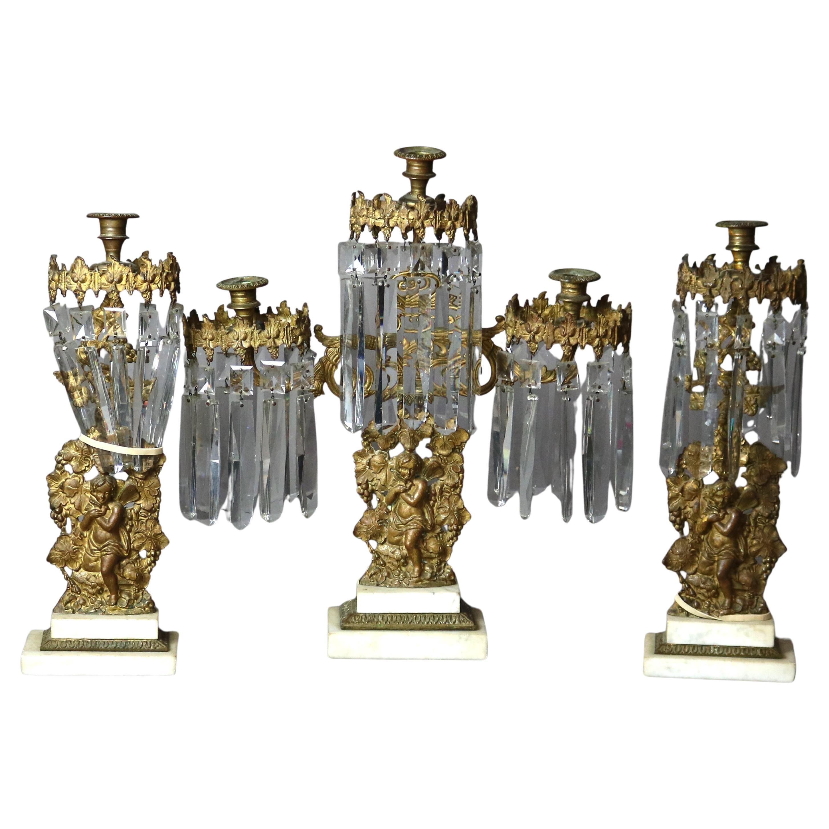 Ensemble girandole ancien en bronze, cristal et marbre avec chérubins, vers 1890