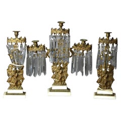 Ensemble girandole ancien en bronze, cristal et marbre avec chérubins, vers 1890