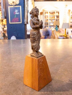 Antique Bronze Devotional Sculpture, Asian Style, Wooden Base, 1930