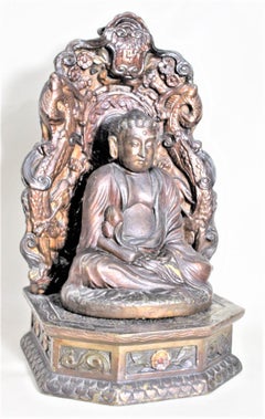 Antique Bronze Clad & Polychrome Painted Buddha Sculpture with Pedestal Stand