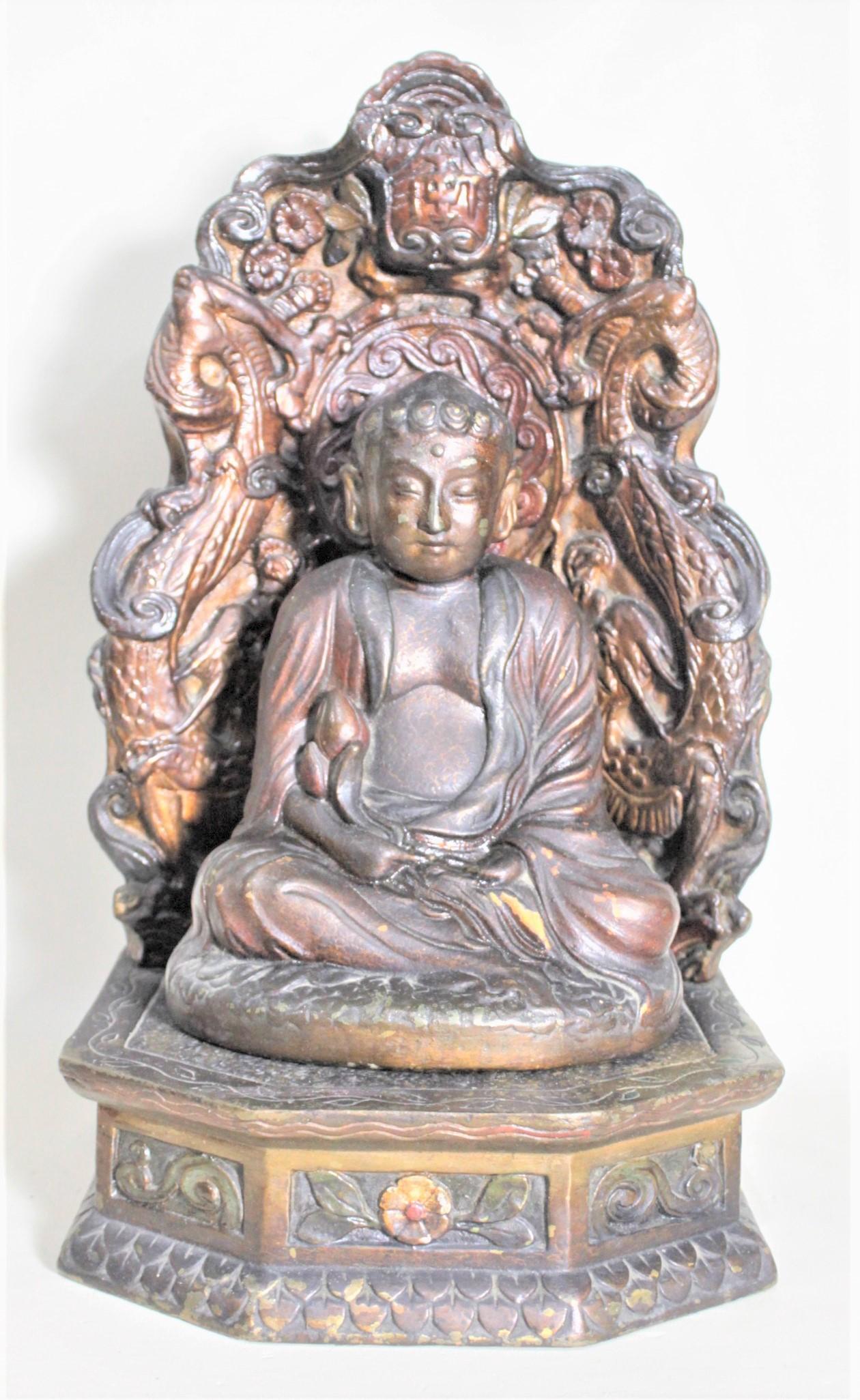 Chinoiserie Antique Bronze Clad & Polychrome Painted Buddha Sculpture with Pedestal Stand For Sale