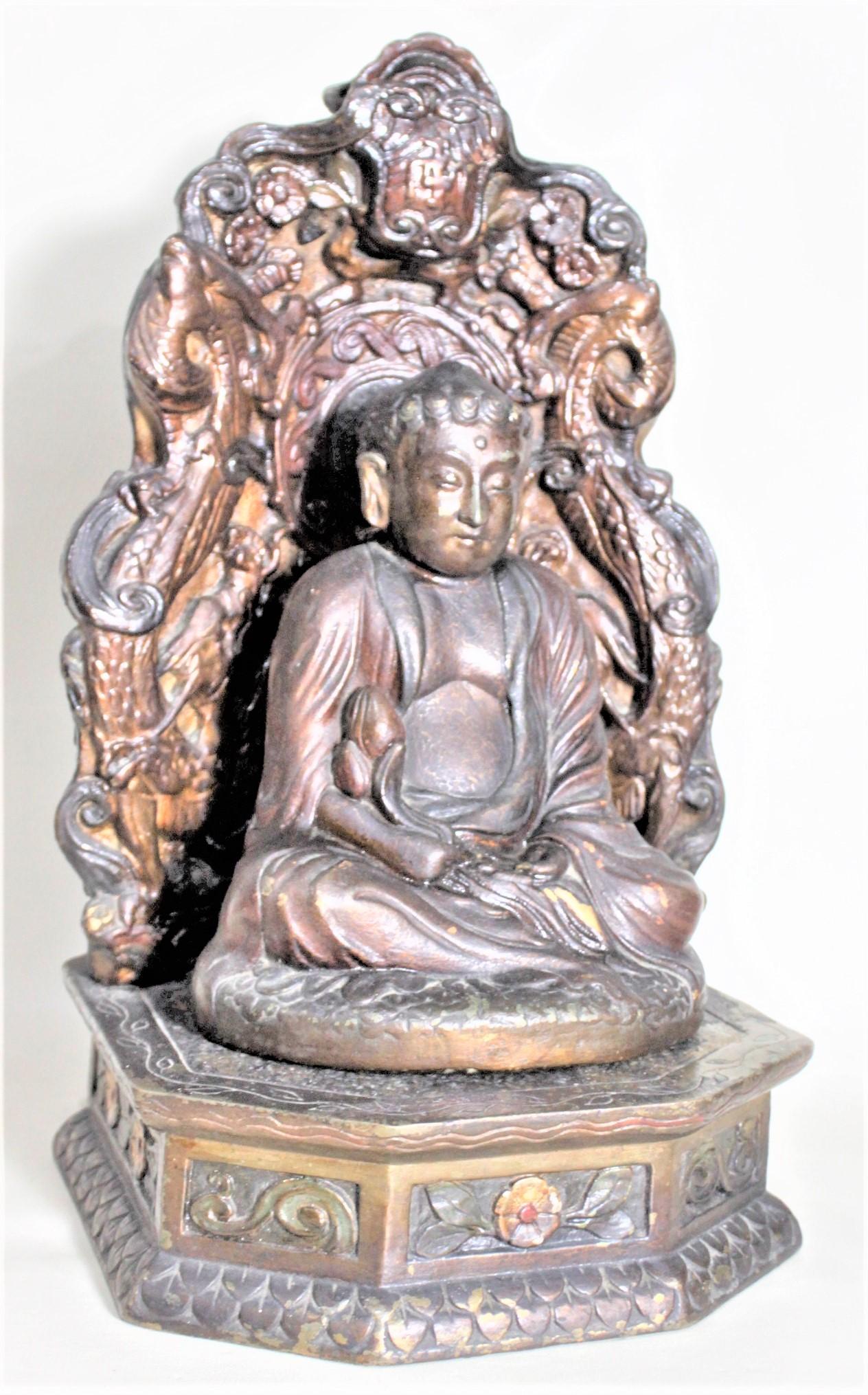 Chinese Antique Bronze Clad & Polychrome Painted Buddha Sculpture with Pedestal Stand For Sale