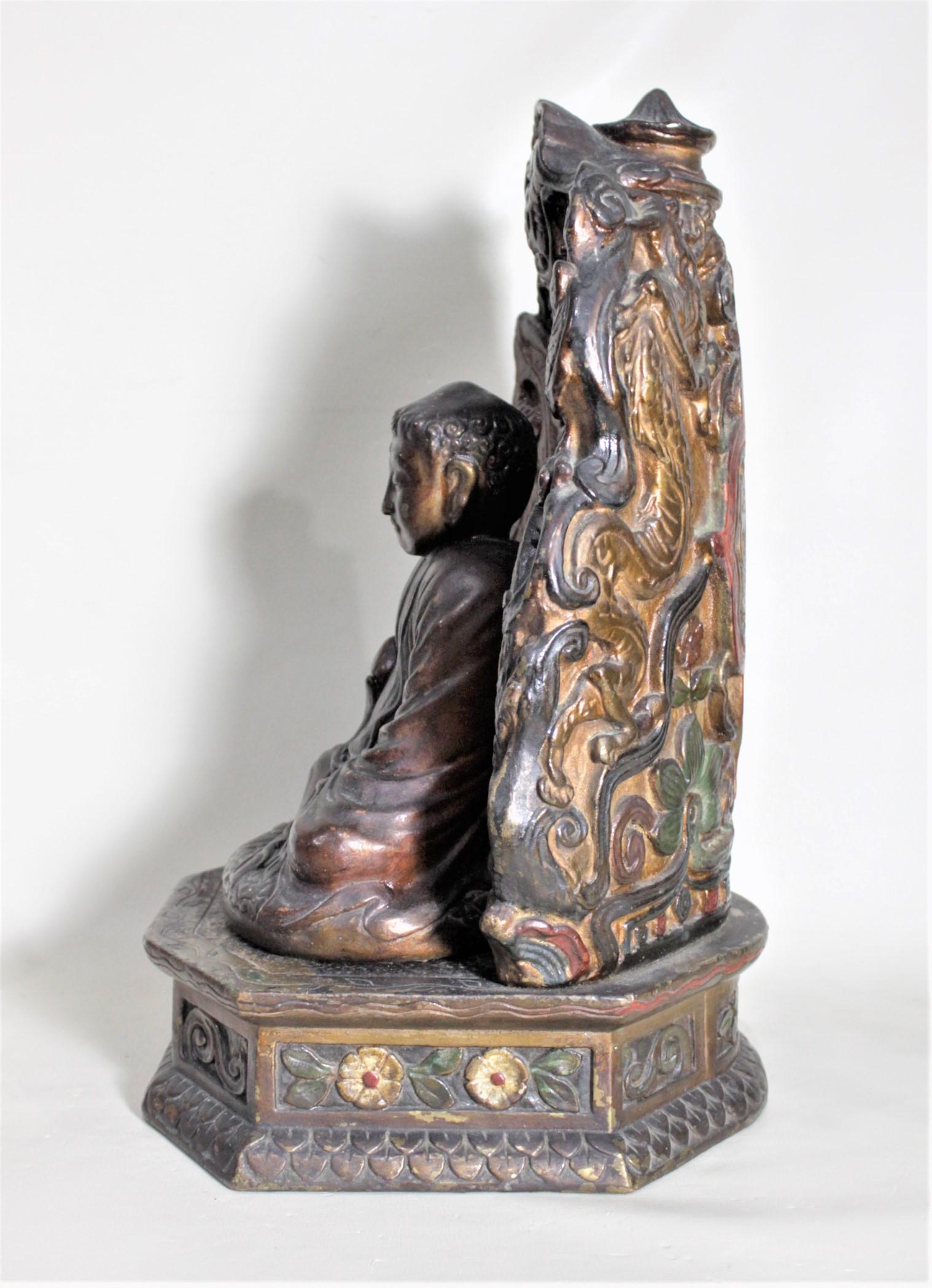 Antique Bronze Clad & Polychrome Painted Buddha Sculpture with Pedestal Stand In Good Condition For Sale In Hamilton, Ontario