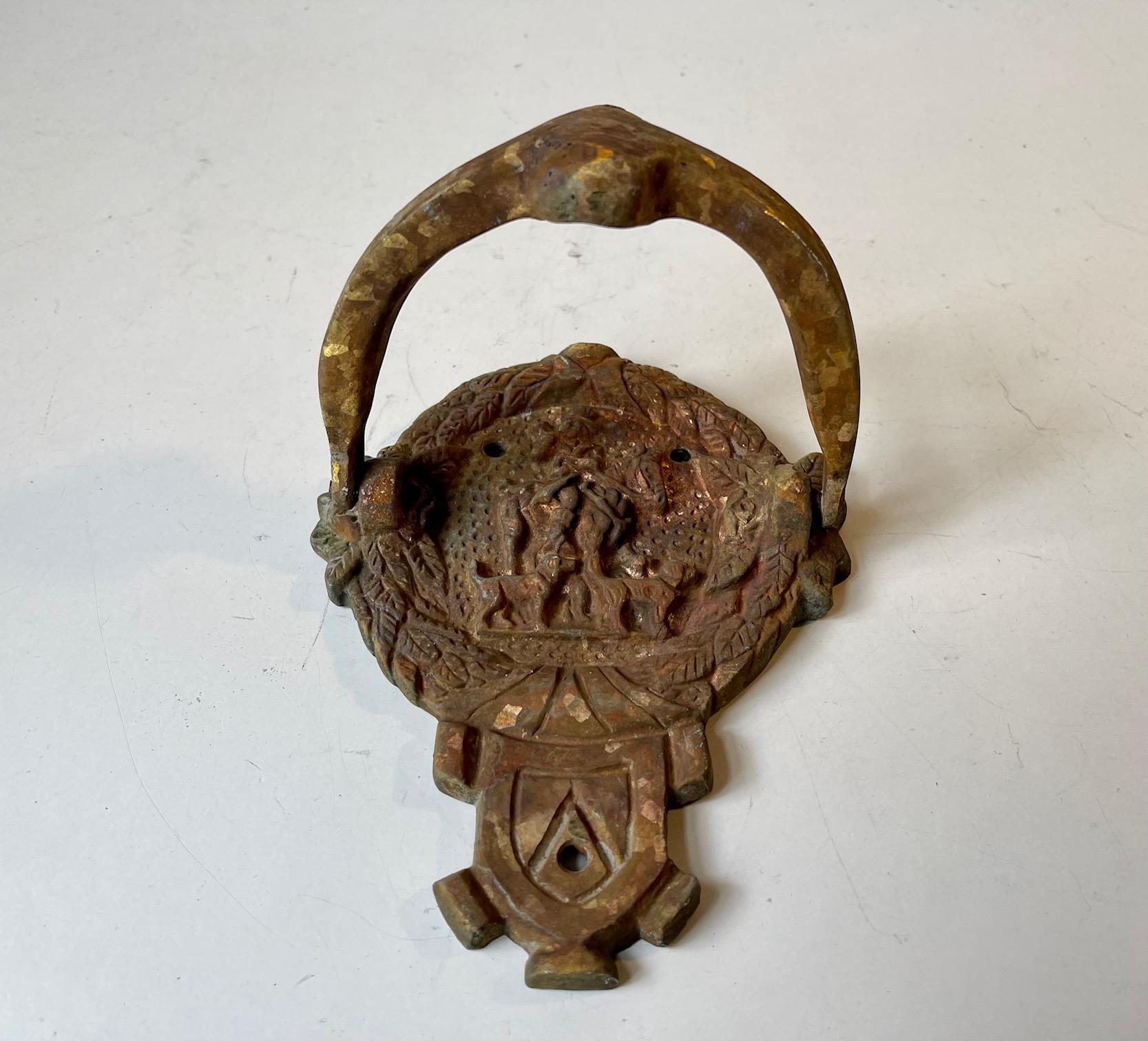Scandinavian Antique Bronze Door Knocker with Hunting Theme For Sale