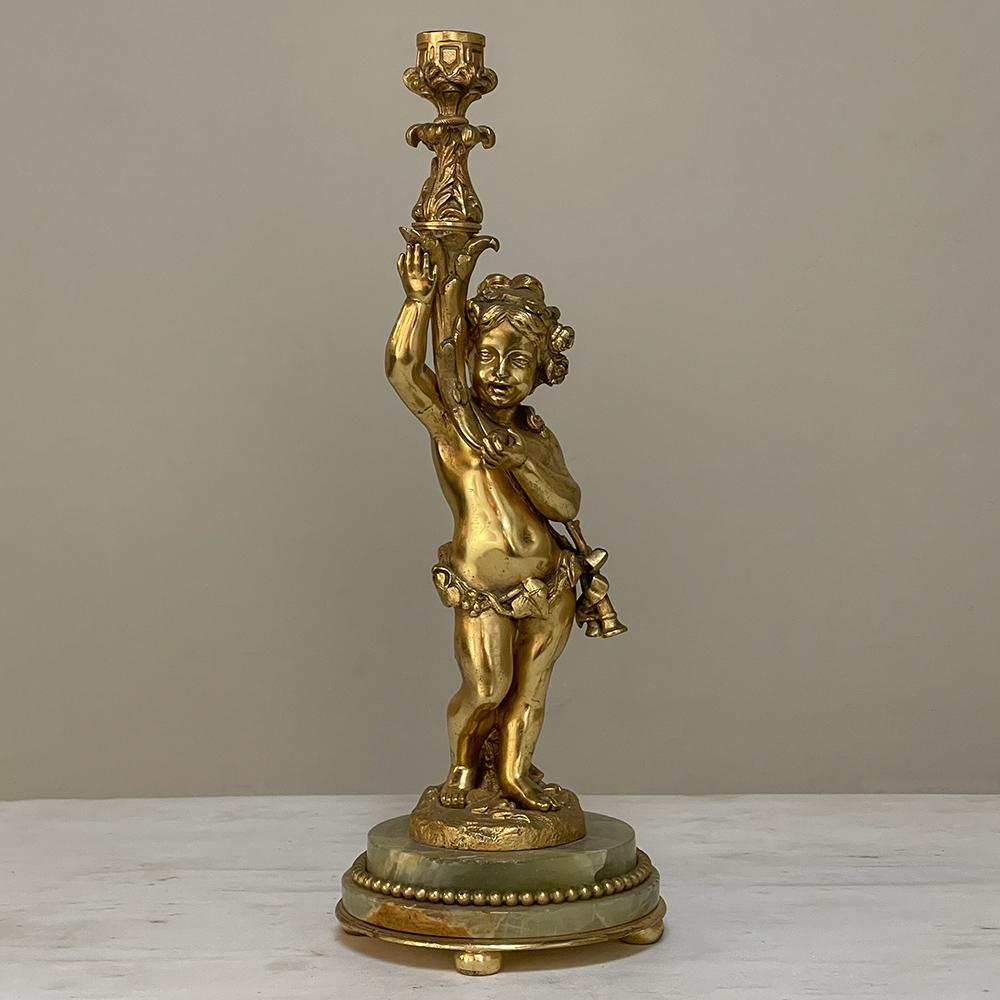 Antique Bronze D'Ore Cherub Statue on Onyx Candlestick For Sale 4