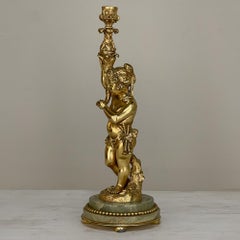 Antique Bronze D'Ore Cherub Statue on Onyx Candlestick