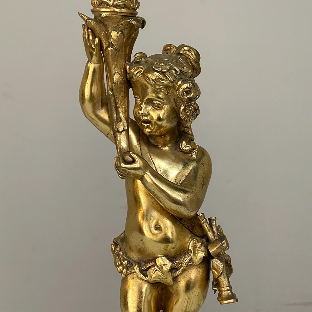 French Antique Bronze D'Ore Cherub Statue on Onyx Candlestick For Sale