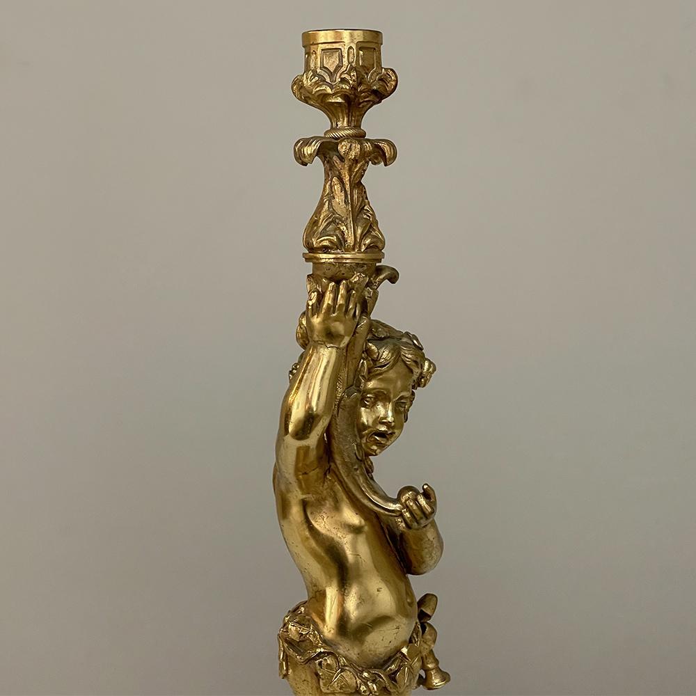 Hand-Crafted Antique Bronze D'Ore Cherub Statue on Onyx Candlestick For Sale