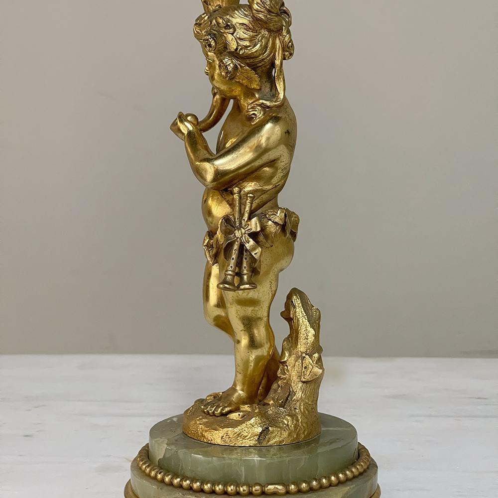 Antique Bronze D'Ore Cherub Statue on Onyx Candlestick In Good Condition For Sale In Dallas, TX