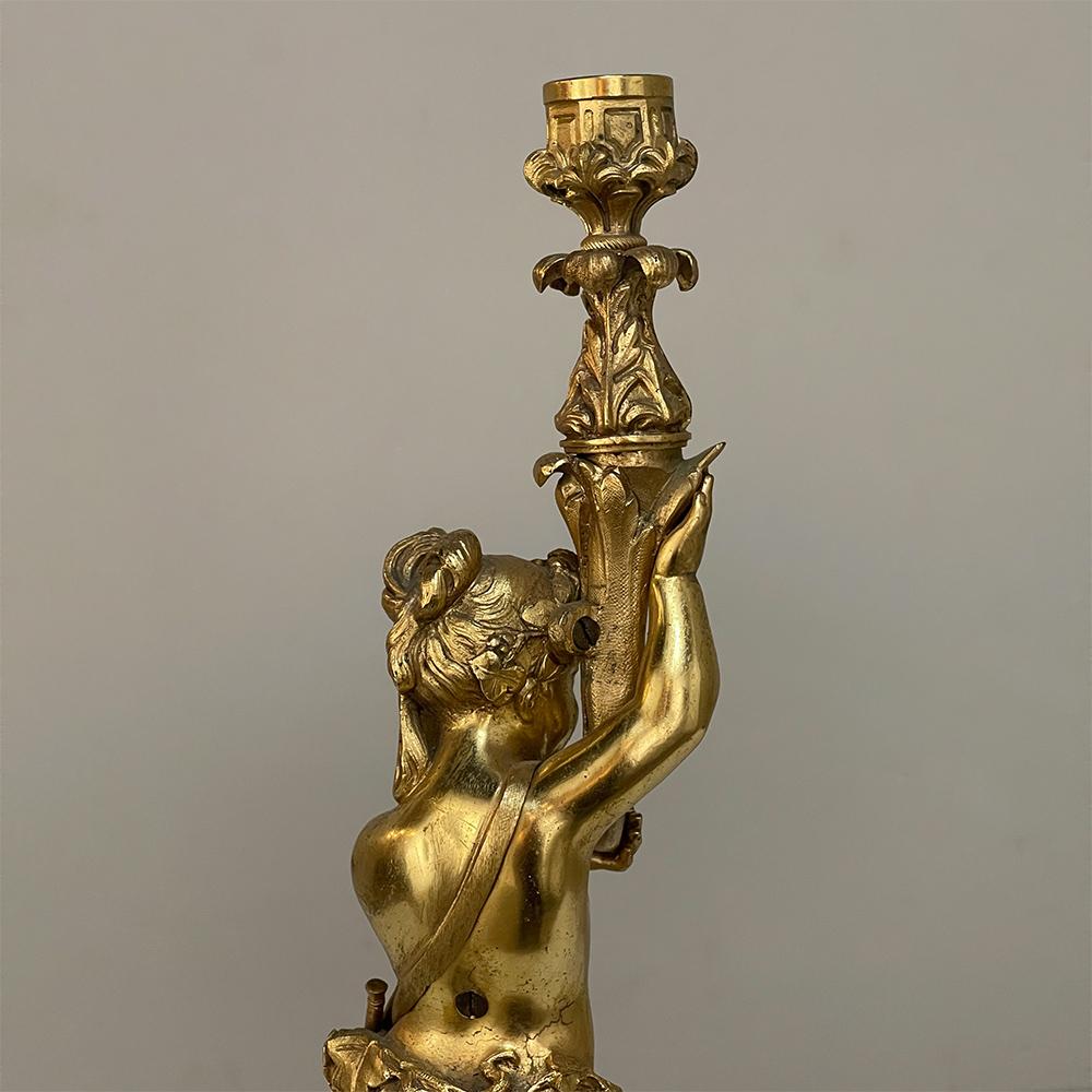 Early 20th Century Antique Bronze D'Ore Cherub Statue on Onyx Candlestick For Sale