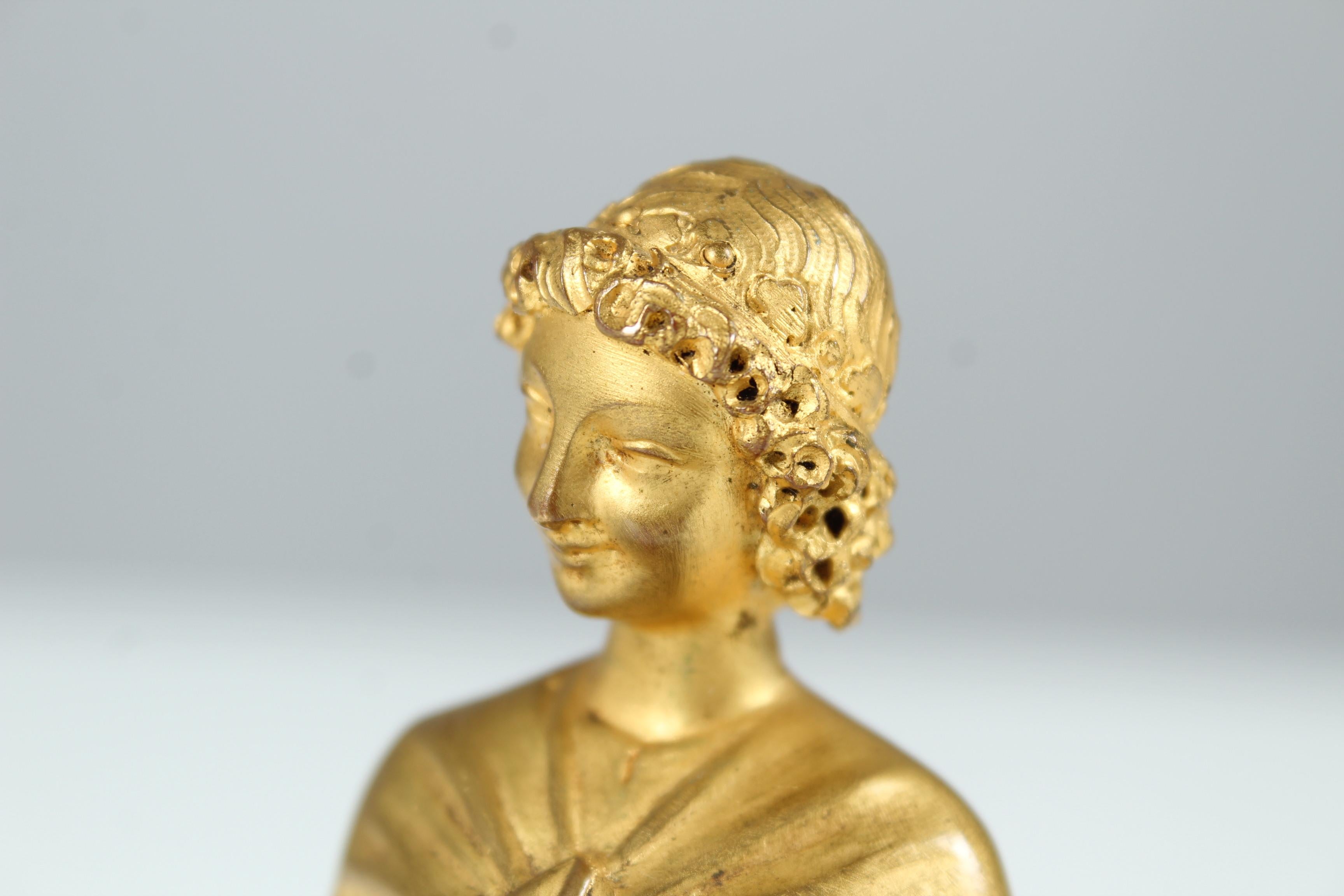 Victorian Antique Bronze Doré Miniature Bust, Smile of Reims Angel, Signed, Gilded, 1870s For Sale