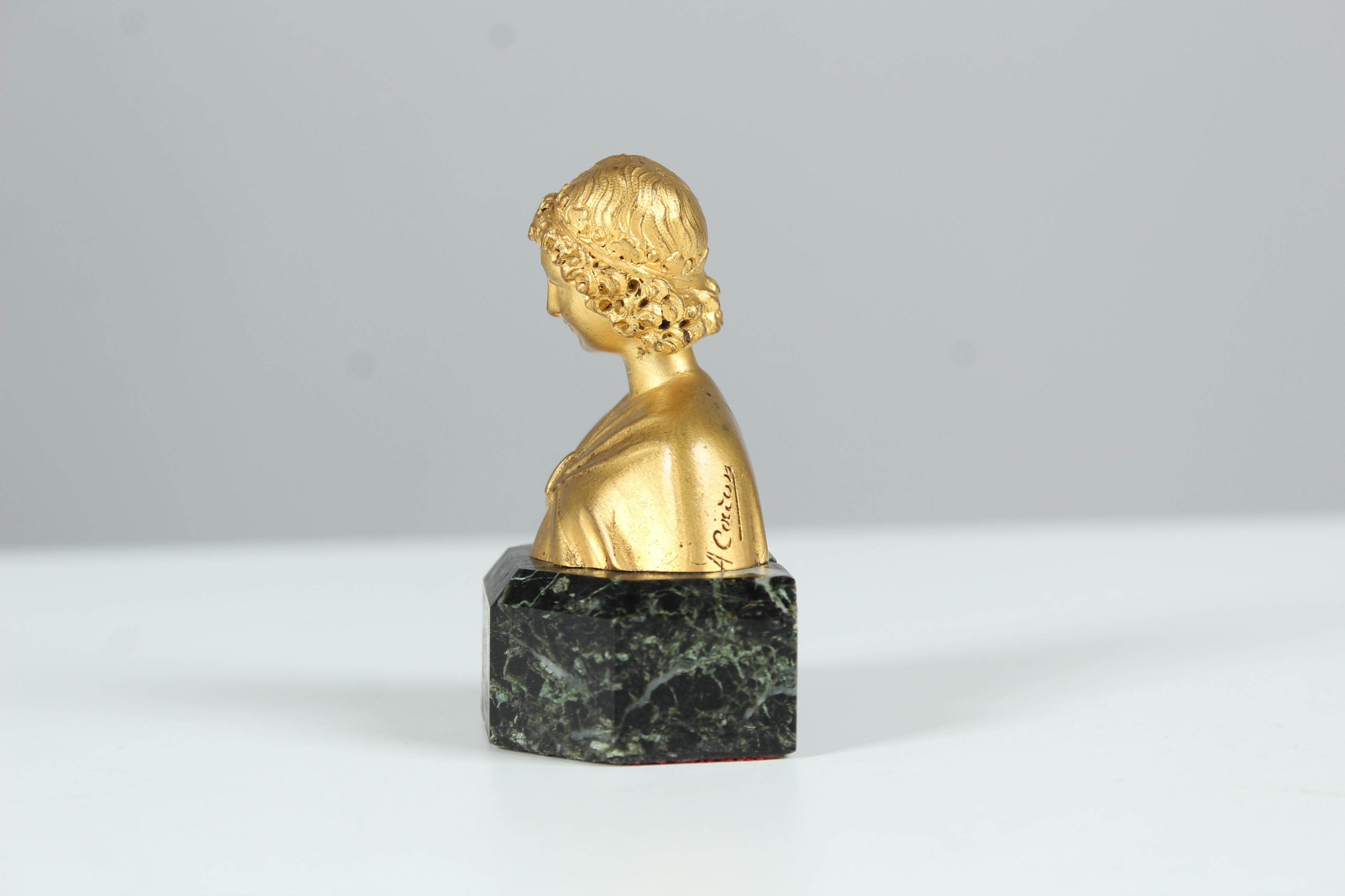 Late 19th Century Antique Bronze Doré Miniature Bust, Smile of Reims Angel, Signed, Gilded, 1870s For Sale